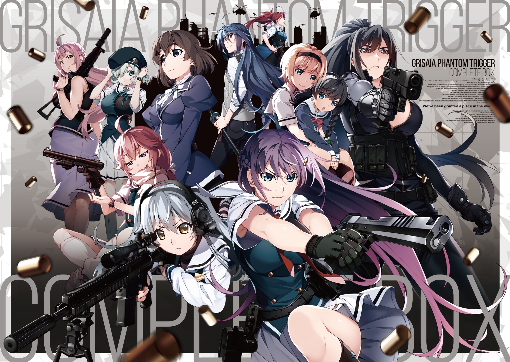 watanabe akio, aoi haruto, arisaka shiori, fukami rena, ikoma murasaki, ikoma yuuki, inohara maki, kujirase christina sakurako, kumashiro megumi, sengoku taiga, shishigaya touka, grisaia (series), grisaia phantom trigger, commentary request, highres, official art, second-party source, 1boy, 6+girls, aoi (grisaia phantom trigger), assault rifle, breasts, copyright name, english text, everyone, gun, handgun, holding, holding gun, holding weapon, large breasts, medium breasts, mihama private academy school uniform, multiple girls, rifle, school uniform, shell casing, sniper rifle, sword, weapon