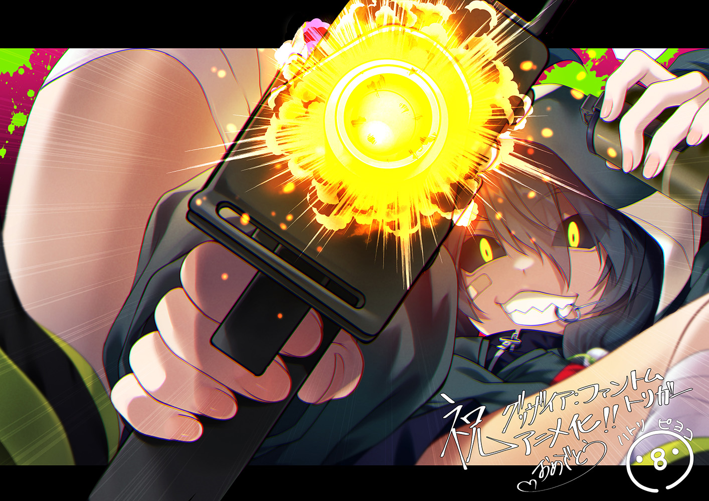 hatori piyoko, grisaia (series), grisaia phantom trigger, character request, commentary request, official art, second-party source, translation request, 1girl, ahoge, aiming, aiming at viewer, bandaged leg, bandages, bandaid, bandaid on face, black border, black hair, black jacket, black sclera, border, colored sclera, evil smile, explosive, firing, grenade, grenade pin, grenade pin in mouth, gun, hair between eyes, handgun, holding, holding gun, holding weapon, hood, hood up, hooded jacket, jacket, letterboxed, looking at viewer, mouth hold, muzzle flash, outside border, sharp teeth, smile, solo, teeth, weapon, yellow eyes, zipper