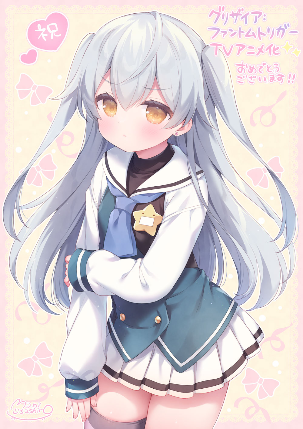 usashiro mani, grisaia (series), grisaia phantom trigger, commentary request, highres, official art, second-party source, translation request, 1girl, ahoge, artist name, ascot, black vest, blue ascot, blue vest, blush, brown eyes, buttons, closed mouth, cowboy shot, double-breasted, double-parted bangs, drawn bow, earrings, frown, grey hair, heart, holding own arm, jewelry, long hair, long sleeves, looking at viewer, miniskirt, pleated skirt, sailor collar, school uniform, shirt, signature, skirt, solo, standing, star (symbol), stud earrings, two-tone vest, two side up, undershirt, vest, white sailor collar, white shirt, white skirt, yellow background
