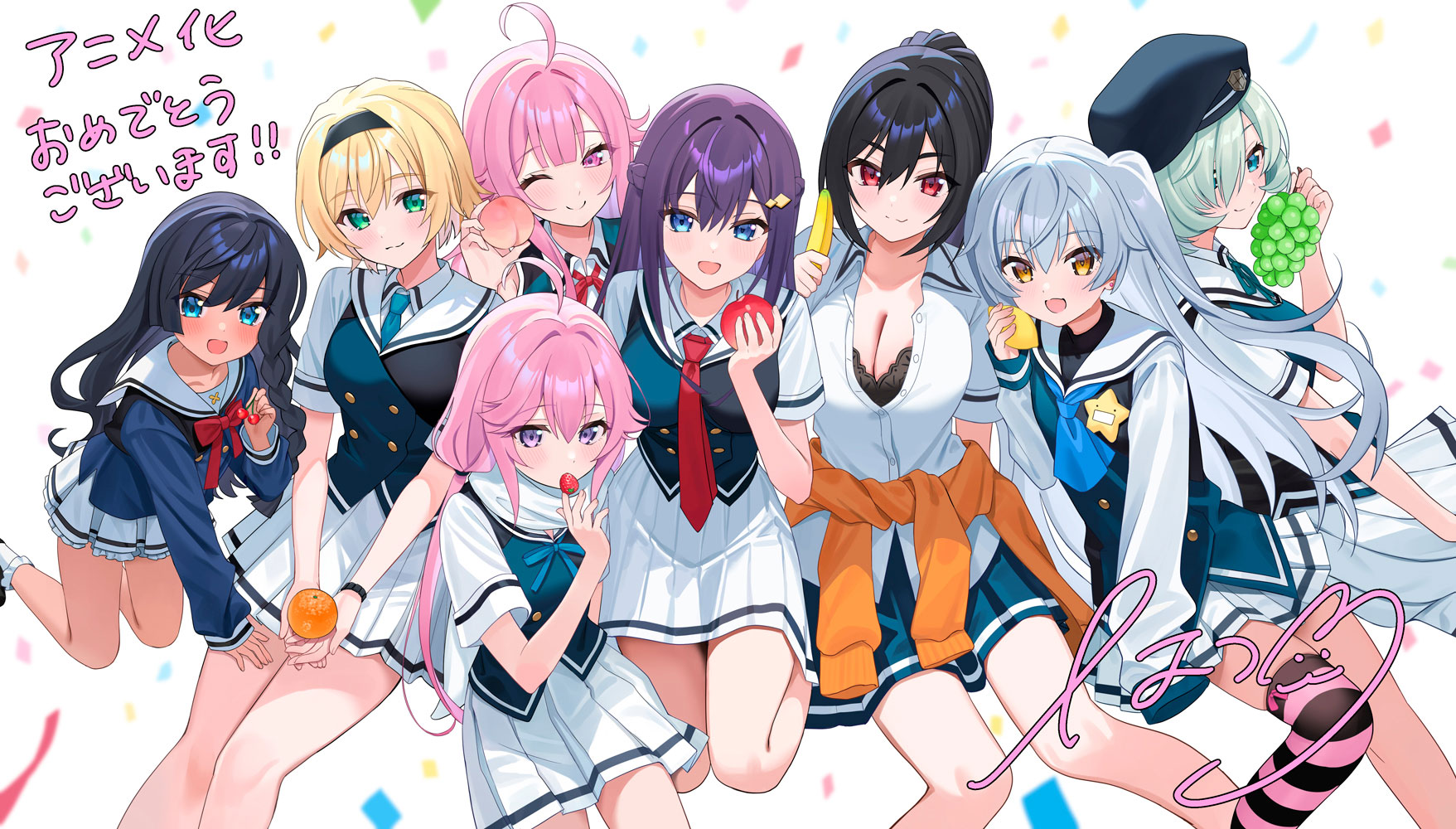 hatsuno xxx, fukami rena, ikoma murasaki, ikoma yuuki, inohara maki, kujirase christina sakurako, kumashiro megumi, sengoku taiga, shishigaya touka, grisaia (series), grisaia phantom trigger, commentary request, highres, official art, second-party source, translation request, 6+girls, :d, ;), ahoge, apple, ascot, banana, black bra, black hair, black hairband, black hat, black vest, blonde hair, blue ascot, blue eyes, blue necktie, blue shirt, blue vest, bobby socks, bow, bowtie, bra, bra peek, braid, breasts, brown hair, buttons, center-flap bangs, cherry, cleavage, closed mouth, clothes around waist, double-breasted, feet out of frame, food, fruit, garrison cap, grapes, green eyes, green hair, grey hair, hair intakes, hair ornament, hair over hairband, hairband, half up braid, hat, holding, holding food, holding fruit, invisible chair, kneeling, large breasts, lemon, long hair, long sleeves, low twintails, medium breasts, miniskirt, multiple girls, necktie, one eye closed, open mouth, orange (fruit), orange sweater, peach, pink eyes, pink hair, pleated skirt, ponytail, purple eyes, purple hair, red bow, red bowtie, red eyes, sailor collar, scarf, school uniform, shirt, short hair, short sleeves, side braid, signature, sitting, skirt, smile, socks, strawberry, sweater, sweater around waist, tan, twintails, two side up, underwear, very long hair, vest, watch, white sailor collar, white scarf, white skirt, white socks, wristwatch