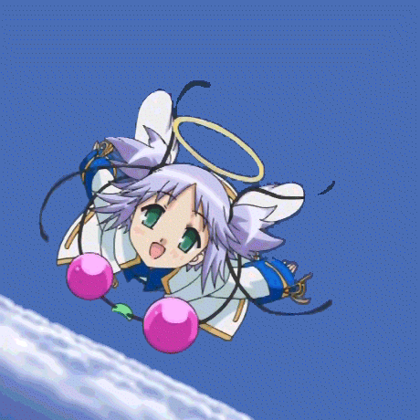 mitsukai dokuro, bokusatsu tenshi dokuro-chan, animated, animated gif, anime screenshot, lowres, 00s, 1girl, angel, angel wings, black ribbon, blue hair, blush, female focus, flying, green eyes, hair ribbon, halo, open mouth, purple hair, ribbon, shoes, sky, solo, two side up, wings
