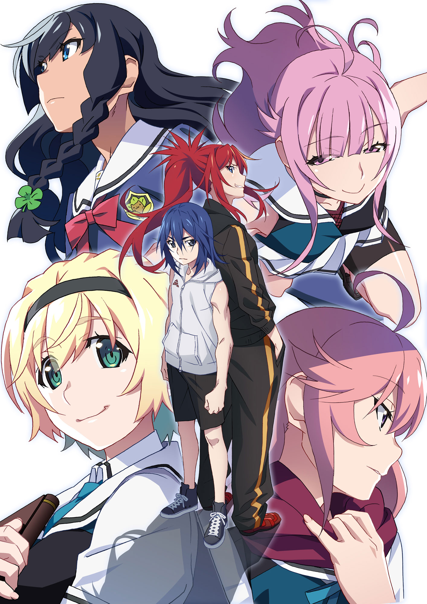 aoi haruto, ikoma murasaki, ikoma yuuki, kujirase christina sakurako, sengoku taiga, grisaia (series), grisaia phantom trigger, commentary request, highres, official art, 1boy, 5girls, ahoge, aoi (grisaia phantom trigger), bike shorts, black hair, black hairband, black jacket, black shoes, black shorts, blonde hair, blue eyes, blue hair, blue shirt, book, bow, bowtie, braid, breasts, closed mouth, clover hair ornament, collared shirt, four-leaf clover hair ornament, frown, green eyes, grin, hair ornament, hairband, hand in pocket, holding, holding book, jacket, long hair, long sleeves, looking at viewer, medium breasts, medium hair, miniskirt, multiple girls, pants, pink eyes, pink hair, pleated skirt, ponytail, profile, purple eyes, red bow, red bowtie, red hair, red scarf, red shoes, sailor collar, scarf, scarf pull, school uniform, shirt, shoes, short hair, shorts, side braid, sidelocks, skirt, sleeveless, sleeveless jacket, smile, track jacket, track pants, track suit, two-tone vest, vest, waistcoat, white background, white jacket, white sailor collar, white shirt, white skirt, zipper