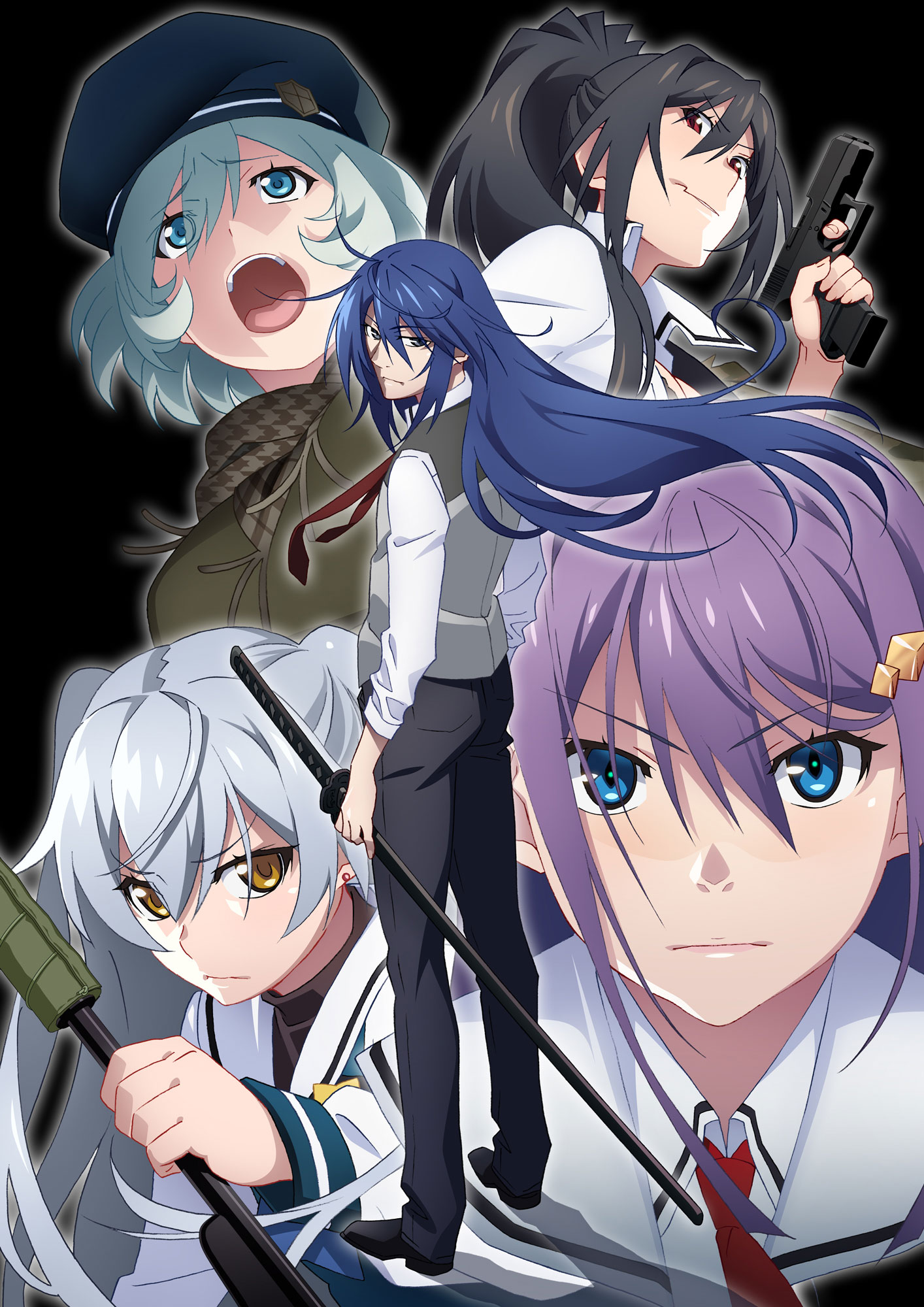 aoi haruto, fukami rena, inohara maki, kumashiro megumi, shishigaya touka, grisaia (series), grisaia phantom trigger, highres, official art, black background, black hair, black hat, black pants, black shoes, blue eyes, blue hair, breasts, brown hair, brown scarf, closed mouth, fang, floating hair, frown, garrison cap, green hair, green jacket, grey vest, gun, hair between eyes, hair ornament, handgun, hat, high ponytail, holding, holding gun, holding sheath, holding weapon, jacket, long hair, long sleeves, looking at viewer, medium breasts, necktie, open mouth, pants, ponytail, purple hair, red eyes, red necktie, scarf, school uniform, sheath, sheathed, shirt, shoes, short hair, sidelocks, skin fang, standing, sword, two side up, very long hair, vest, waistcoat, weapon, white shirt