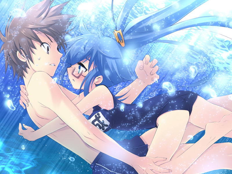 ito noizi, tsuwabuki masaharu, yuuki nona, nanatsuiro drops, game cg, 00s, 1boy, 1girl, blush, glasses, name tag, one-piece swimsuit, school swimsuit, swimsuit, underwater