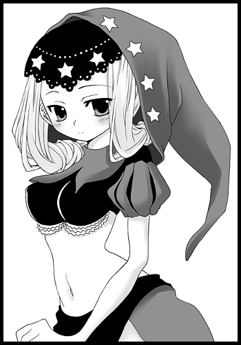 velvet (odin sphere), odin sphere, lowres, 1girl, crop top, female focus, greyscale, looking at viewer, midriff, monochrome, navel, puff and slash sleeves, puffy short sleeves, puffy sleeves, short sleeves, simple background, skirt, solo, stomach, veil, white background