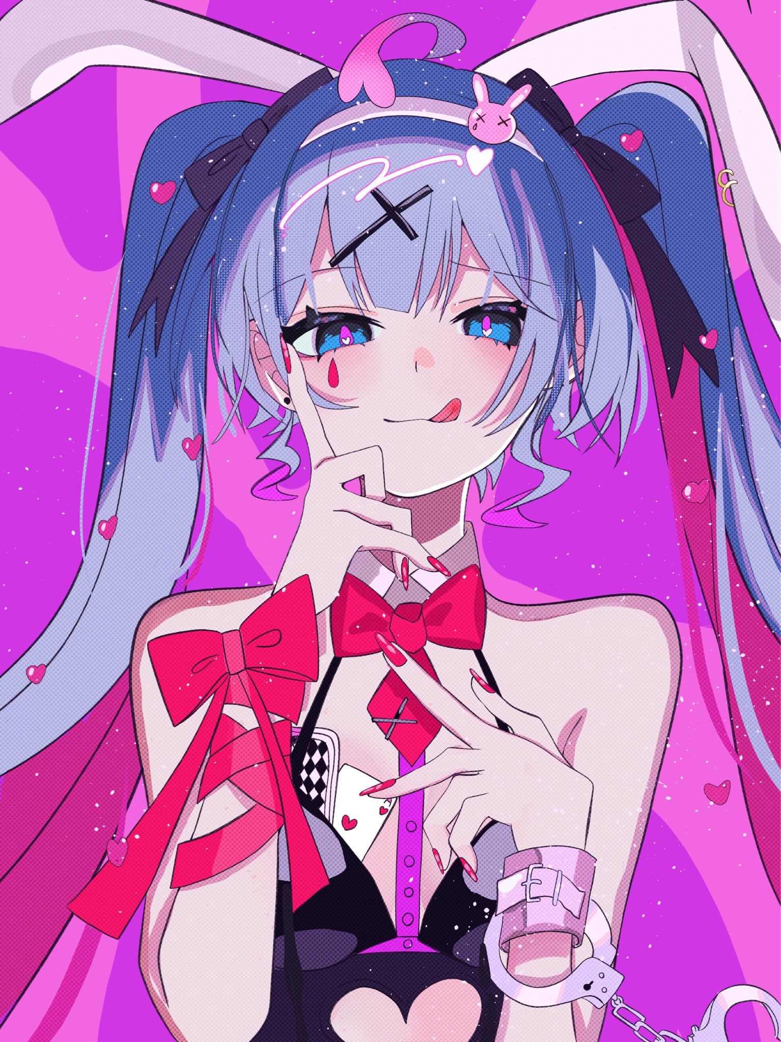 koze azhi, hatsune miku, rabbit hole (vocaloid), vocaloid, commentary request, highres, 1girl, :q, ace (playing card), ace of hearts, animal ear hairband, animal ears, bare shoulders, black leotard, blue eyes, blue hair, bow, bowtie, breasts, card, center-flap bangs, closed mouth, clothing cutout, colored inner hair, cross hair ornament, cutout above navel, detached collar, facial mark, fake animal ears, fingernails, hair between eyes, hair ornament, hairband, half-closed eyes, hand on own cheek, hand on own chest, hand on own face, handcuff dangle, hands up, heart, heart cutout, leotard, light particles, long fingernails, long hair, looking at viewer, multicolored hair, nail polish, necktie, pink background, pink hair, pink pupils, playboy bunny, playing card, rabbit ear hairband, rabbit ears, red bow, red bowtie, red nails, red necktie, red ribbon, ribbon, sharp fingernails, simple background, single handcuff, small breasts, smile, solo, straight-on, teardrop facial mark, tie clip, tongue, tongue out, twintails, two-tone hair, upper body, white hairband