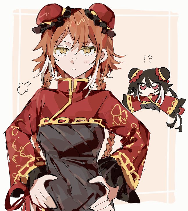 6vkeoxnqwo1jcky, ishmael (project moon), jia xichun (project moon), limbus company, project moon, !?, 2girls, black dress, black hair, border, braid, breasts, bun cover, chibi, chibi inset, chinese clothes, covered navel, double bun, dress, family hierarch candidate (identity) (project moon), freckles, hair bun, hands on own hips, long hair, long sleeves, looking at viewer, multicolored hair, multiple girls, multiple views, open mouth, orange background, orange hair, pink eyes, red shrug, simple background, solo focus, twin braids, twintails, upper body, white border, white streaks, yellow eyes