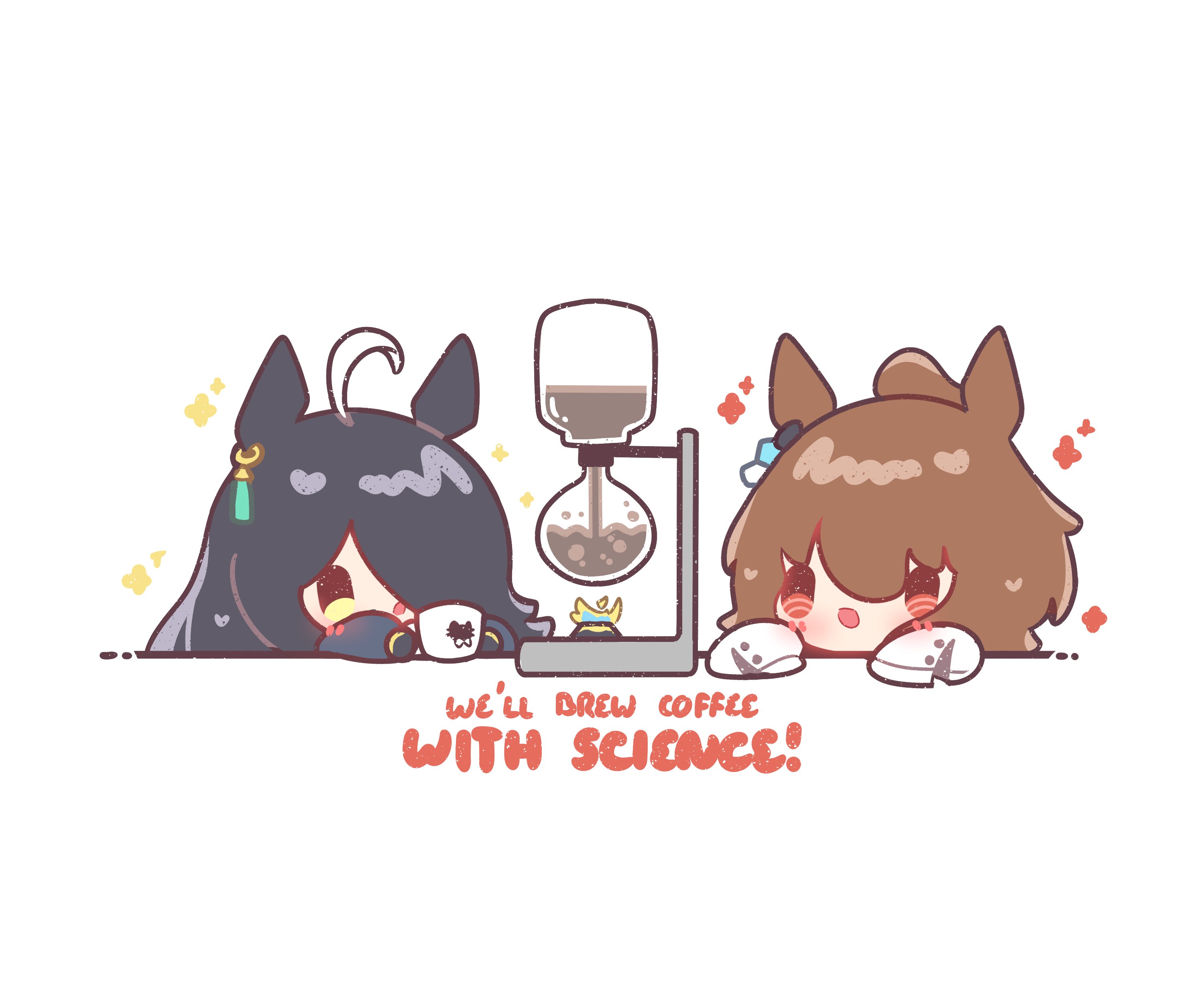 decrilus, agnes tachyon (tach-nology) (umamusume), agnes tachyon (umamusume), manhattan cafe (umamusume), umamusume, absurdres, commentary, english commentary, highres, 2girls, ahoge, animal ears, black hair, black jacket, blush, brown hair, bunsen burner, chemistry, chibi, coffee, coffee maker, coffee mug, cup, ear tag, earrings, english text, fire, hair between eyes, horse ears, horse girl, jacket, jewelry, lab coat, long hair, long hair between eyes, long sleeves, manhattan cafe (creeping black) (umamusume), mug, multicolored hair, multiple girls, open mouth, red eyes, short hair, simple background, single earring, sleeves past fingers, sleeves past wrists, upper body, white background, white hair