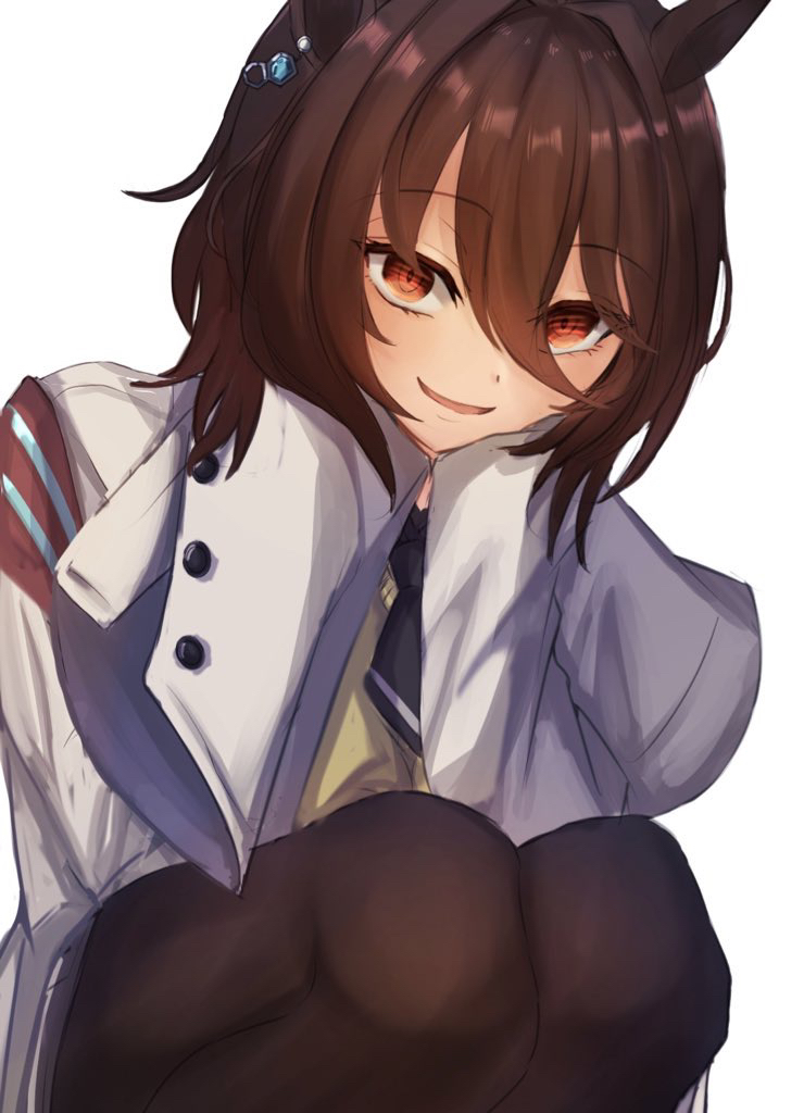 amo (pixiv24460428), agnes tachyon (umamusume), umamusume, 1girl, animal ears, black necktie, blush, brown hair, brown pantyhose, chemical structure, coat, ear ornament, earrings, hair between eyes, horse ears, horse girl, jewelry, lab coat, looking at viewer, medium hair, necktie, open clothes, open coat, pantyhose, parted lips, red eyes, short necktie, simple background, single earring, sleeves past fingers, sleeves past wrists, smile, solo, squatting, sweater, white background, white coat, yellow sweater