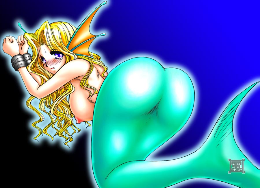densuke (heppoko dou), rikuo (darkstalkers), capcom, darkstalkers, gender request, 1girl, ass, ass focus, bdsm, blonde hair, blue background, blush, bondage, bound, bound wrists, brazil, breasts, completely nude, cuffs, female focus, fins, genderswap, hair intakes, head fins, huge ass, large breasts, looking at viewer, looking back, mermaid, midnight bliss, monster girl, nipples, nude, purple eyes, shackles, solo, sweatdrop, tears, top-down bottom-up, wavy hair