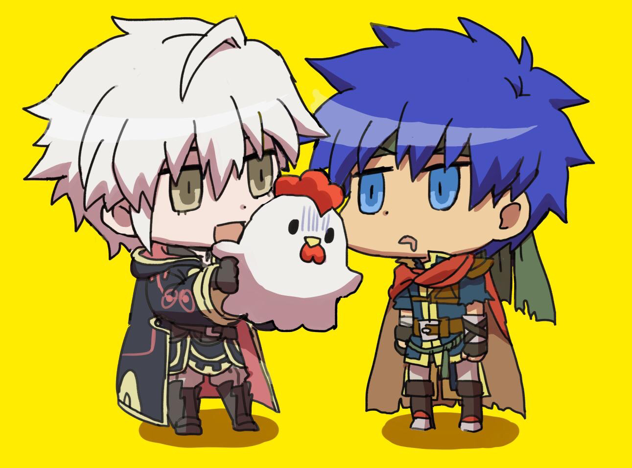 kometubu0712, cucco, ike (fire emblem), male robin (fire emblem), fire emblem, fire emblem: path of radiance, fire emblem awakening, nintendo, super smash bros., the legend of zelda, commentary request, 2boys, animal, blue eyes, blue hair, cape, chibi, headband, holding, holding animal, hood, hood down, hooded coat, male focus, multiple boys, riyo (lyomsnpmp) (style), short hair, yellow background