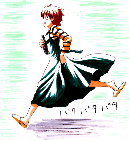 jas (littlecrime), fujimura taiga, fate/stay night, fate (series), 00s, clothes lift, orange slippers, running, shirt, skirt, skirt lift, slippers, solo, striped clothes, striped shirt