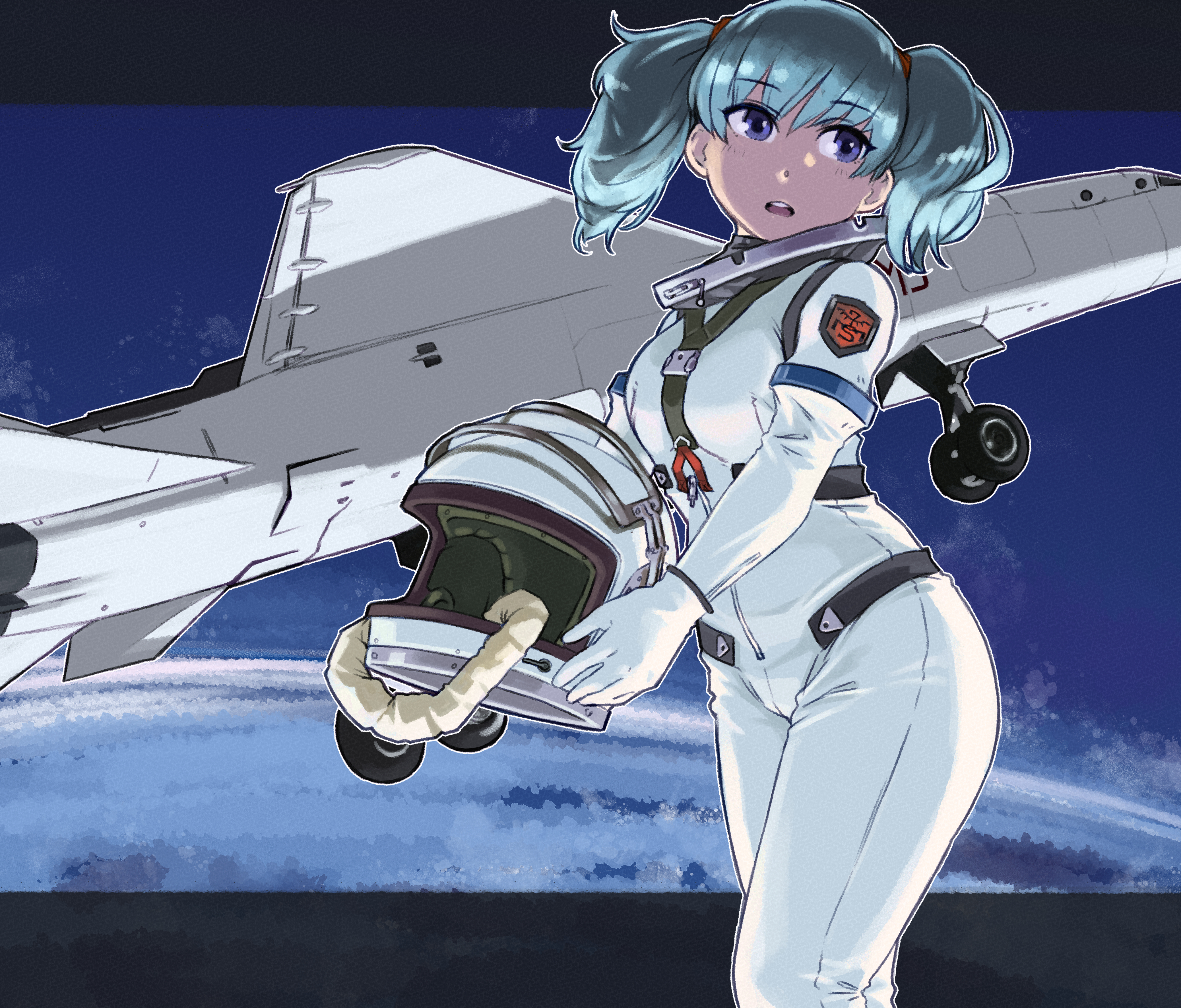 honjou mikaze, stratos 4, artist request, 1girl, blue eyes, breasts, green hair, helmet, holding, holding unworn helmet, long hair, looking afar, medium breasts, open mouth, pilot helmet, shiny clothes, simple background, skin tight, sky, solo, spacesuit, twintails, unworn headwear, unworn helmet