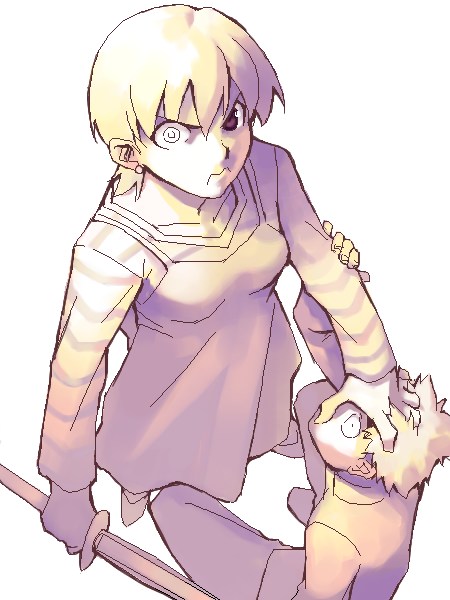 zen, emiya shirou, fujimura taiga, sagat, capcom, fate/stay night, fate (series), street fighter, oekaki, parody, shinai, sword, weapon