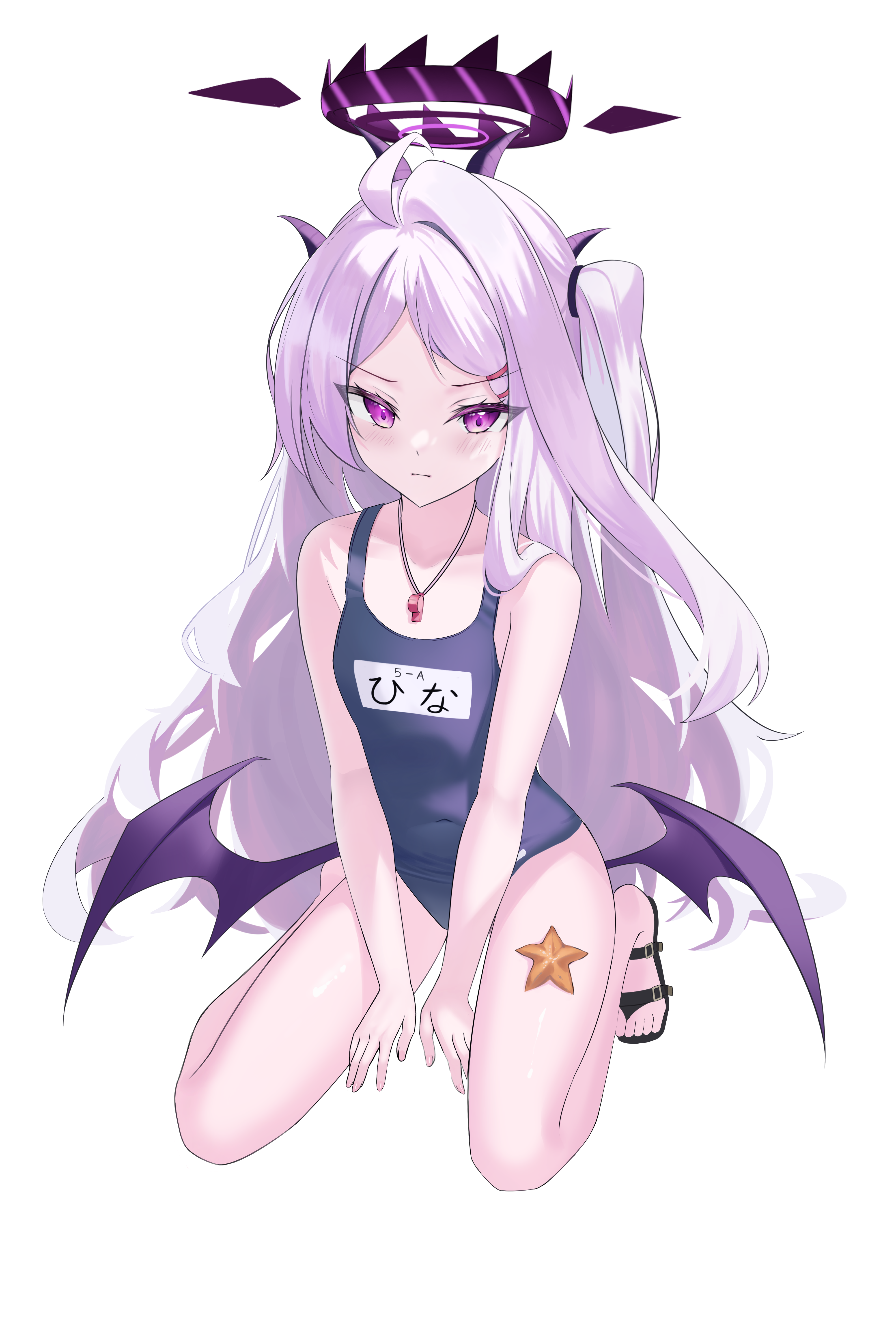 gyuu, hina (blue archive), hina (swimsuit) (blue archive), blue archive, absurdres, commission, highres, 1girl, :|, ahoge, bare arms, bare shoulders, black halo, black horns, black sandals, blue one-piece swimsuit, blush, breasts, character name, closed mouth, collarbone, covered navel, demon girl, demon horns, demon wings, eyelashes, eyes visible through hair, frown, full body, grey hair, hair ornament, hair over shoulder, hairclip, halo, horns, kneeling, long hair, looking at viewer, low wings, multiple horns, official alternate costume, one-piece swimsuit, one side up, parallel hairclips, parted bangs, purple eyes, sandals, school swimsuit, sidelocks, simple background, small breasts, solo, starfish, swimsuit, thighs, tsurime, v-shaped eyebrows, v arms, very long hair, whistle, whistle around neck, white background, wings