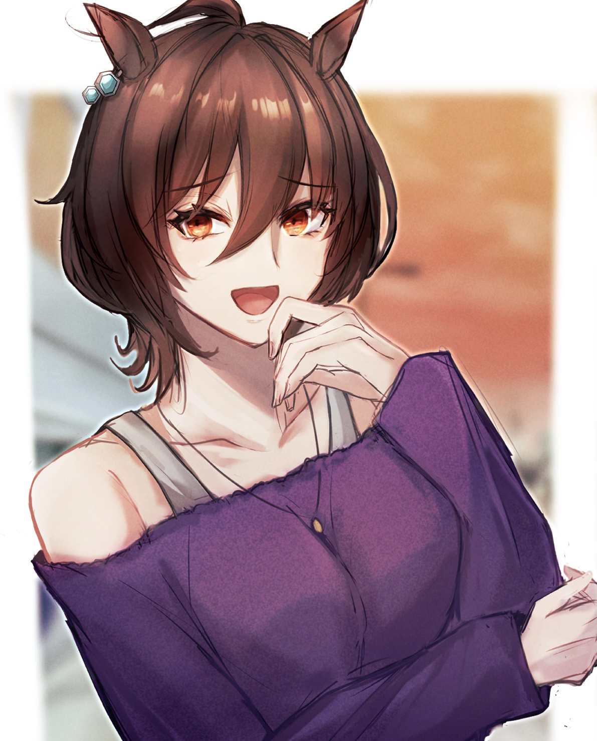 amo (pixiv24460428), agnes tachyon (umamusume), umamusume, highres, variant set, 1girl, ahoge, animal ears, arm under breasts, bare shoulders, bra strap, breasts, brown hair, chemical structure, cleavage, collarbone, ear ornament, earrings, furrowed brow, hair between eyes, hand to own mouth, hand up, horse ears, horse girl, jewelry, medium hair, necklace, off-shoulder shirt, off shoulder, open mouth, purple shirt, red eyes, shirt, single earring, smile, solo