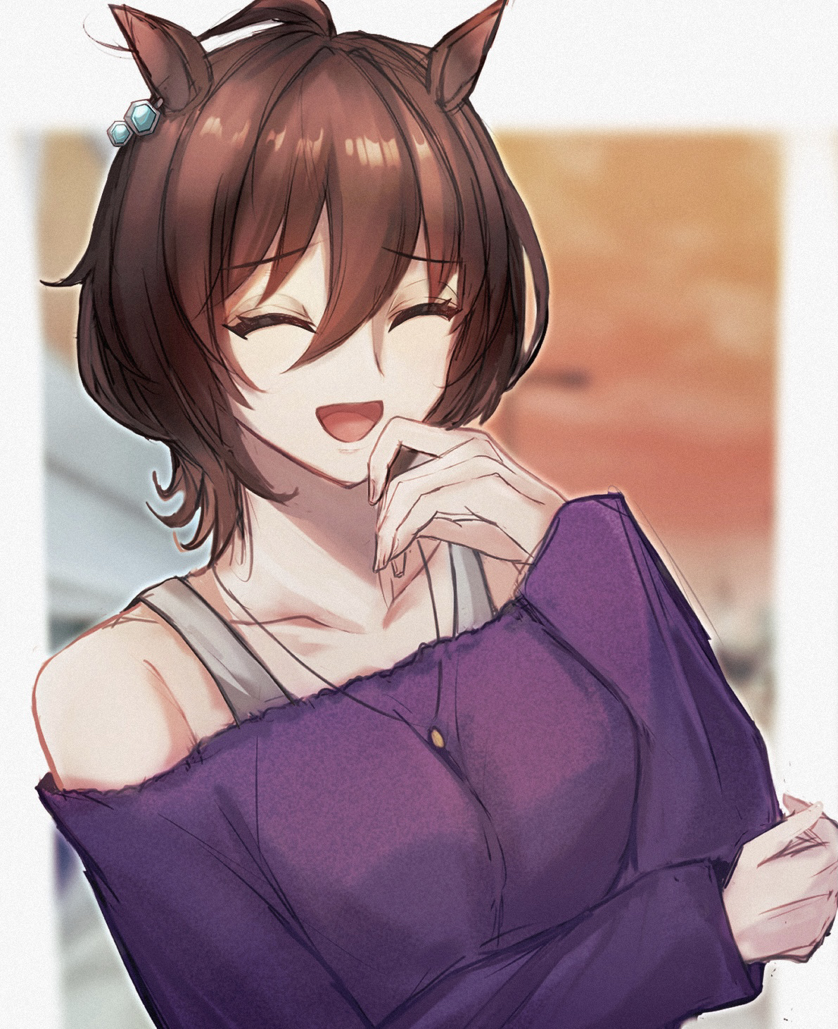 amo (pixiv24460428), agnes tachyon (umamusume), umamusume, highres, variant set, 1girl, ahoge, animal ears, arm under breasts, bare shoulders, bra strap, breasts, brown hair, chemical structure, cleavage, closed eyes, collarbone, ear ornament, earrings, furrowed brow, hair between eyes, hand to own mouth, hand up, horse ears, horse girl, jewelry, medium hair, necklace, off-shoulder shirt, off shoulder, open mouth, purple shirt, shirt, single earring, smile, solo