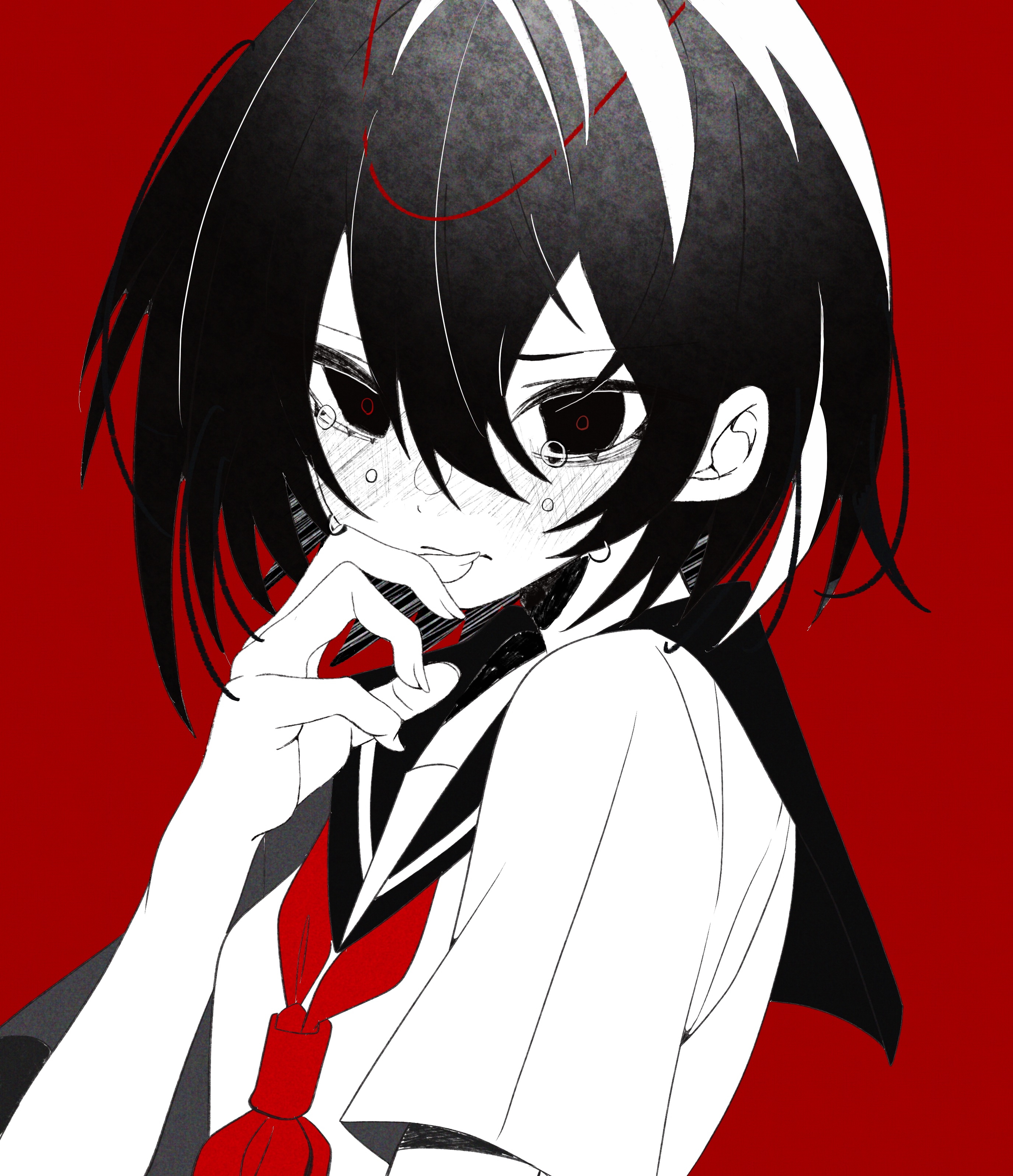 koze azhi, vocaloid, absurdres, highres, 1girl, 3:, blush, breasts, closed mouth, crying, crying with eyes open, double-parted bangs, fingernails, frown, greyscale with colored background, hair between eyes, hand on own chin, hand up, high contrast, looking at viewer, medium hair, neckerchief, nose blush, red background, red neckerchief, sailor collar, school uniform, short sleeves, simple background, small breasts, solo, spot color, tears, upper body, witness (vocaloid)