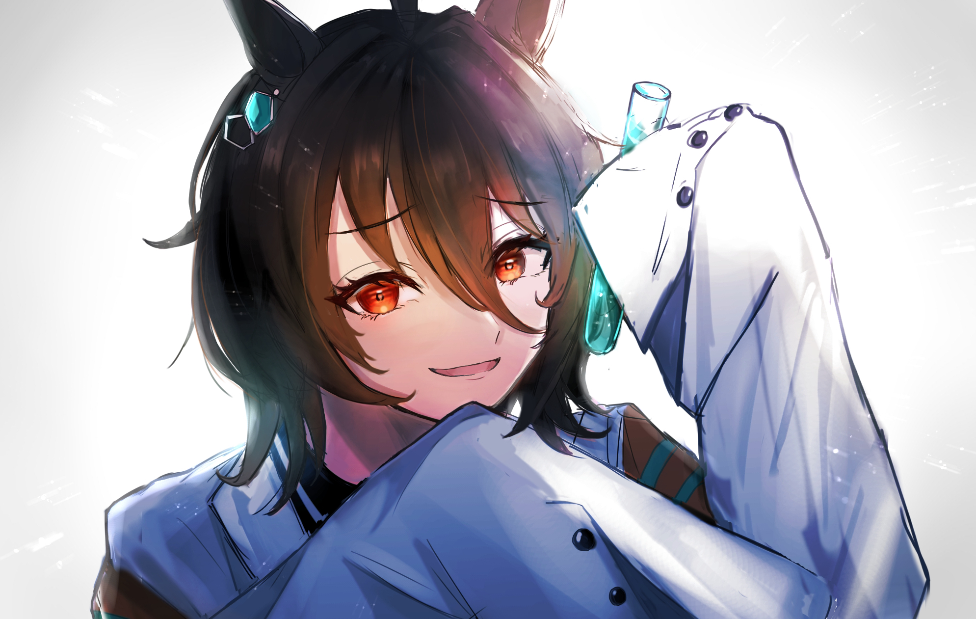amo (pixiv24460428), agnes tachyon (umamusume), umamusume, highres, 1girl, ahoge, animal ears, black shirt, chemical structure, coat, collared shirt, ear ornament, earrings, furrowed brow, grey background, hair between eyes, hands up, holding, holding test tube, horse ears, horse girl, jewelry, looking at viewer, medium hair, parted lips, red eyes, shirt, simple background, single earring, sleeves past fingers, sleeves past wrists, smile, solo, test tube, white coat