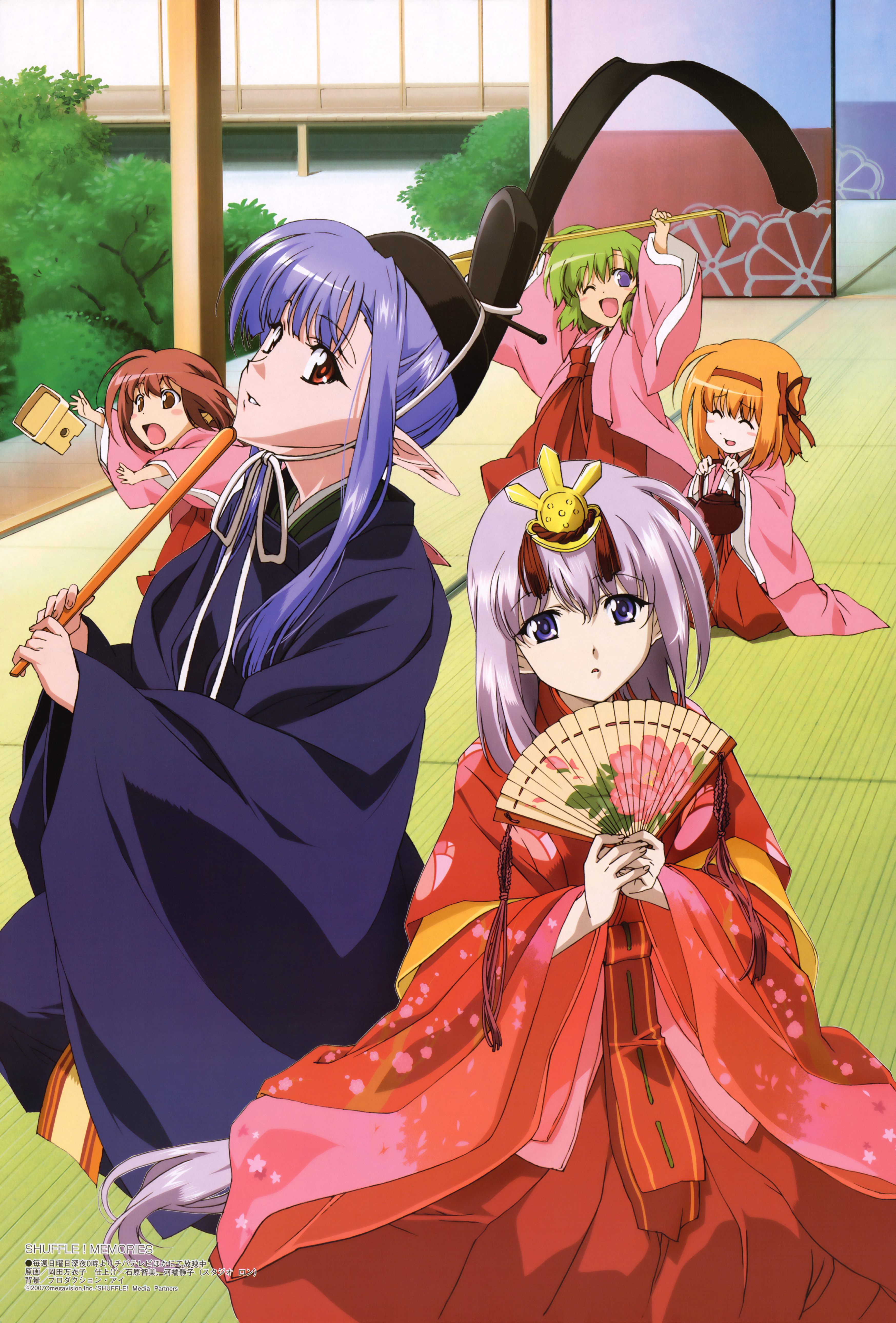 okada maiko, fuyou kaede, lisianthus, nerine, primula, shigure asa, megami magazine, shuffle!, shuffle! memories, silver hair, absurdres, highres, non-web source, official art, scan, 00s, 5girls, :d, :o, ;d, ||/, ^ ^, age difference, arms up, blue eyes, blue hair, blush, blush stickers, brown eyes, bush, chibi, closed eyes, crown, dropping, elf, floral print, folding fan, green hair, grin, hair between eyes, hair ribbon, hairband, hakama, hakama skirt, hand fan, hat, head tilt, hina ningyou, holding, japanese clothes, kimono, layered clothes, layered kimono, long hair, long pointy ears, looking at viewer, miko, multiple girls, on floor, one eye closed, open mouth, orange hair, outstretched arms, own hands together, parted bangs, pointy ears, princess, reaching, red eyes, red hair, red hakama, ribbon, running, short hair, sidelocks, skirt, smile, star (symbol), star print, surprised, tatami, teapot, tress ribbon, very long hair, wide sleeves, wink