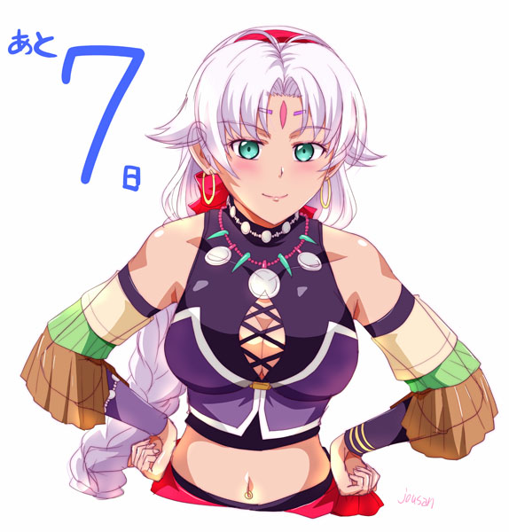xiacheng tatsuya, scherazard harvey, eiyuu densetsu, sora no kiseki, 1girl, artist name, bare shoulders, braid, breasts, cleavage, cleavage cutout, clothing cutout, countdown, curtained hair, detached sleeves, facial mark, forehead mark, green eyes, hands on own hips, large breasts, long hair, looking at viewer, midriff, navel, parted bangs, simple background, single braid, smile, solo, upper body, white background, white hair