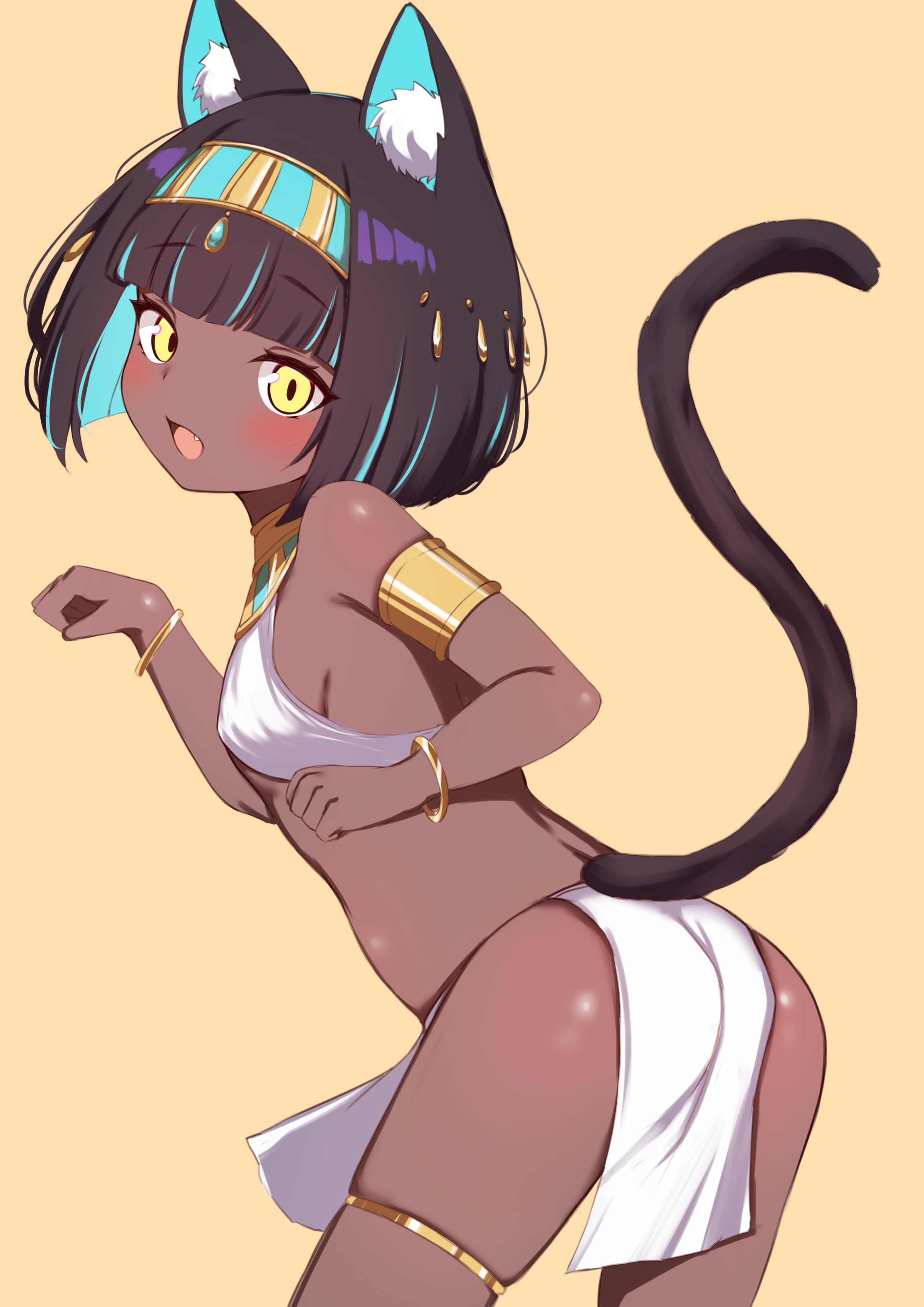 john zhang, original, absurdres, commentary request, highres, 1girl, ancient egyptian, ancient egyptian clothes, animal ear fluff, animal ears, armlet, ass, black hair, blue hair, blush, bracelet, breasts, cat ears, cat girl, cat tail, colored inner hair, cowboy shot, dark-skinned female, dark skin, if you want to become a godly artist (meme), jewelry, looking at viewer, meme, multicolored hair, open mouth, paw pose, pelvic curtain, short hair, simple background, small breasts, solo, tail, tail raised, thighlet, usekh collar, yellow background, yellow eyes