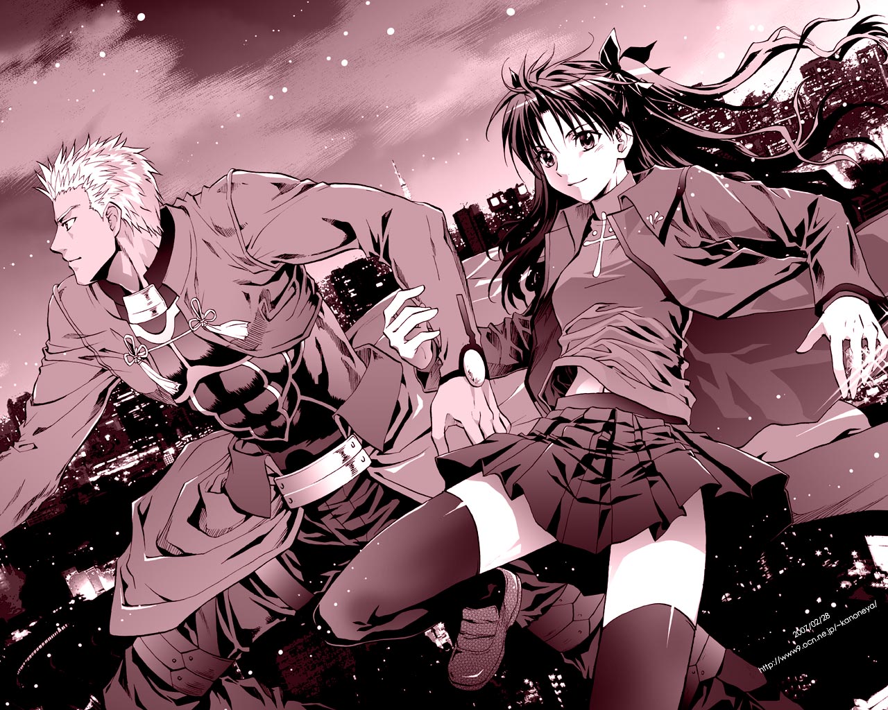 sato-pon, archer (fate), tohsaka rin, fate/stay night, fate (series), 00s, 1boy, 1girl, dark-skinned male, dark skin, miniskirt, monochrome, pink theme, skirt, thighhighs, turtleneck, zettai ryouiki
