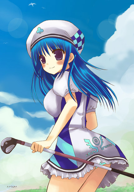 aoyama asuka, arin (pangya), pangya, beret, blue hair, golf, hat, panties, pantyshot, purple eyes, skirt, solo, underwear