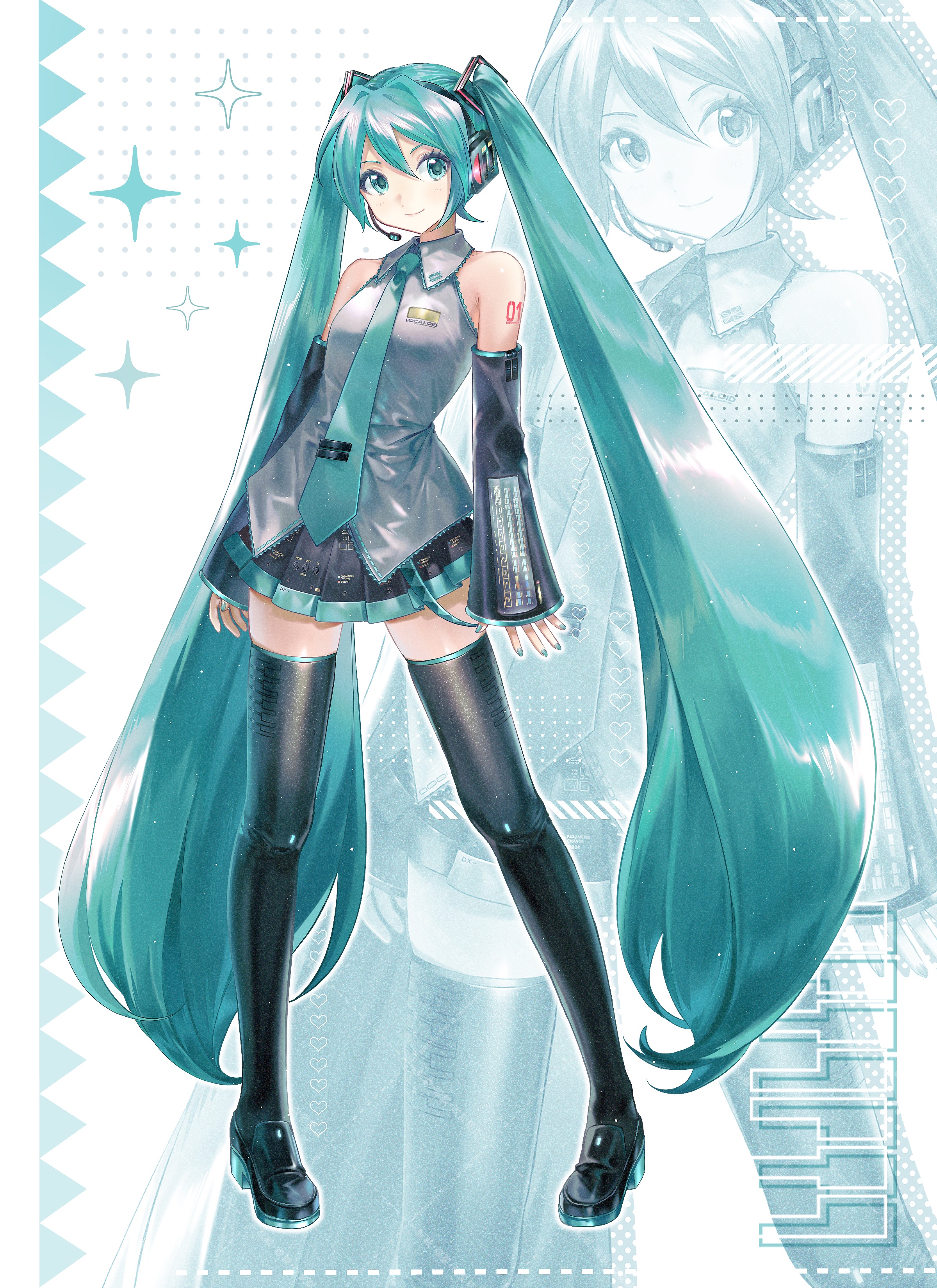 hamuna (hamuna 86), hatsune miku, vocaloid, absurdres, commentary request, highres, 1girl, aqua eyes, aqua hair, aqua nails, aqua necktie, black boots, black sleeves, boots, detached sleeves, full body, grey shirt, headphones, headset, long hair, looking at viewer, necktie, number tattoo, shirt, skindentation, sleeveless, sleeveless shirt, sleeves past wrists, smile, solo, standing, tattoo, thigh boots, thighs, twintails, very long hair, vocaloid boxart pose, wing collar, zoom layer