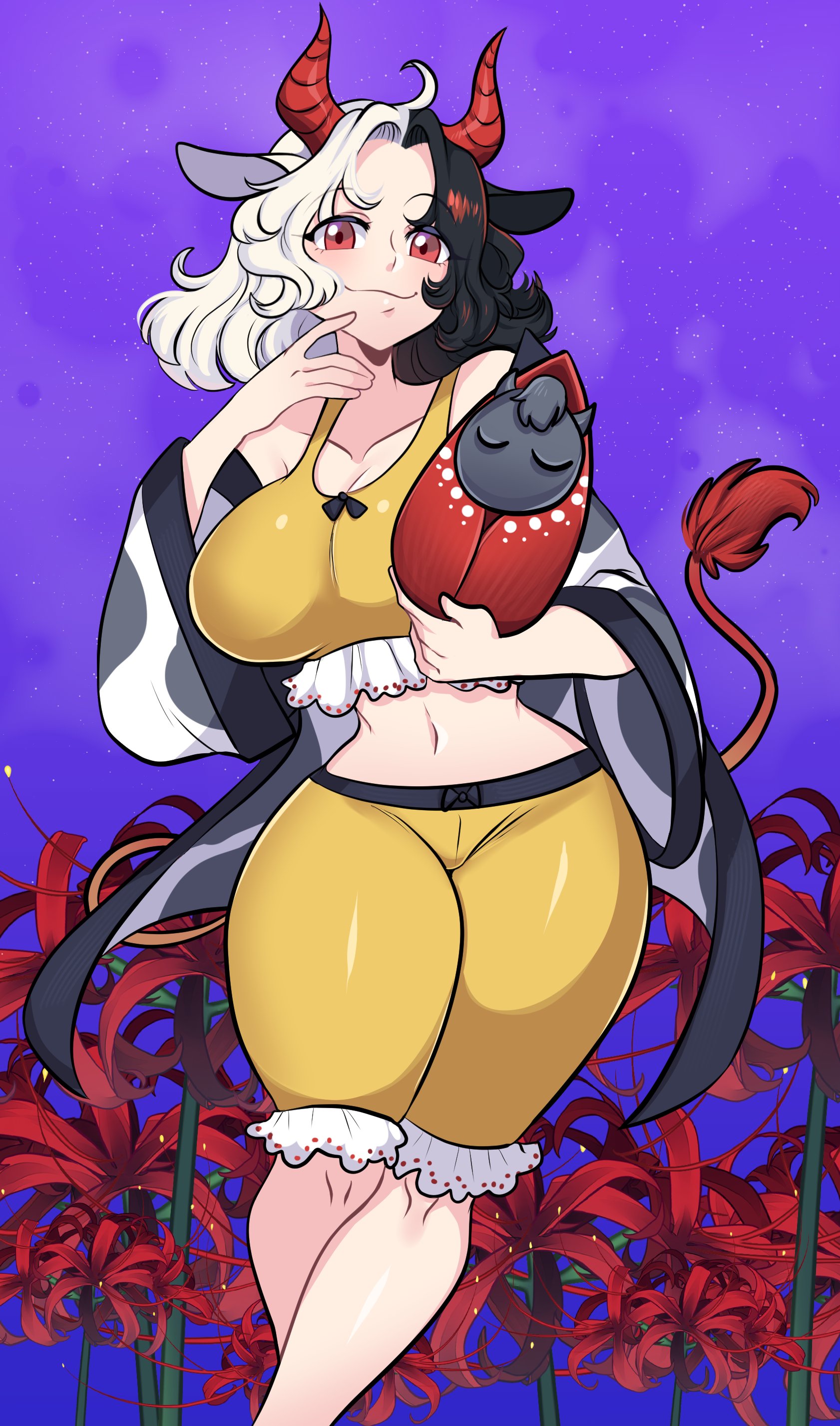missandydandy, ushizaki urumi, touhou, absurdres, highres, 1girl, animal ears, animal print, bare shoulders, black hair, black trim, breasts, cleavage, cow ears, cow horns, cow print, cow print sleeves, cow tail, crop top, curtained hair, curvy, flower, holding, holding rock, horns, japanese clothes, kimono, large breasts, midriff, multicolored hair, navel, open clothes, open kimono, red eyes, red horns, rock, shirt, shorts, spider lily, split-color hair, star (sky), tail, thick thighs, thighs, two-tone hair, white hair, wide hips, yellow shirt, yellow shorts