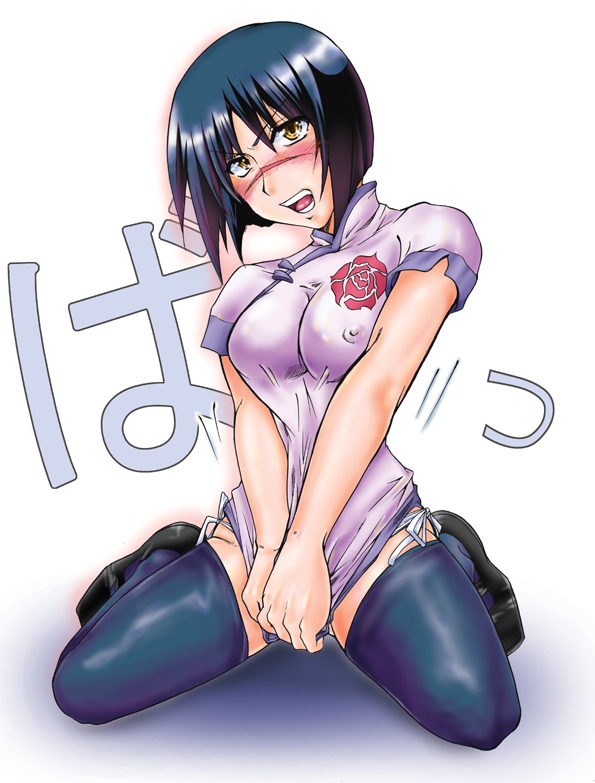 nise pakuman-san, tsumura tokiko, busou renkin, 00s, 1girl, blush, bob cut, breasts, china dress, chinese clothes, covered erect nipples, covering crotch, covering privates, dress, dress tug, female focus, medium breasts, panties, scar, scar on face, scar on nose, short hair, side-tie panties, skirt, skirt tug, solo, thighhighs, underwear, yellow eyes