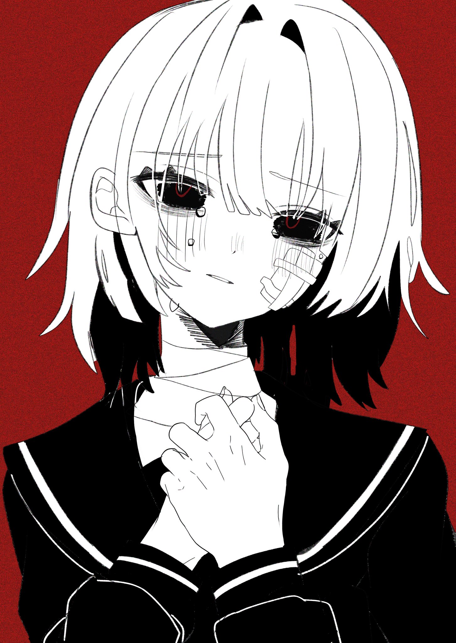 koze azhi, original, commentary request, highres, 1girl, bags under eyes, bandaged neck, bandages, cross-eyed, crying, crying with eyes open, film grain, fingernails, greyscale with colored background, hair between eyes, hair intakes, hands up, head tilt, high contrast, long sleeves, medium hair, own hands together, puffy long sleeves, puffy sleeves, raised inner eyebrows, red background, sailor collar, school uniform, shirt, simple background, solo, swept bangs, tears, upper body
