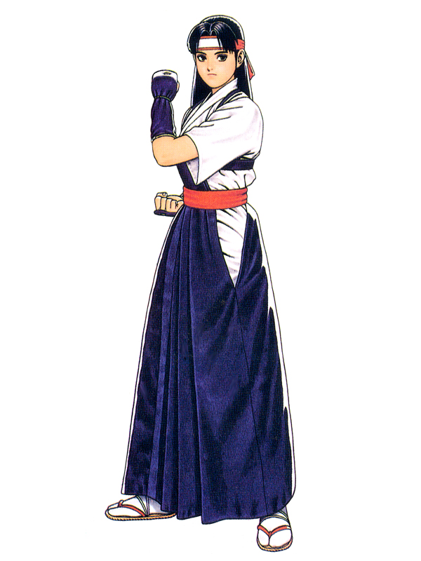 mori toshiaki, todoh kasumi, toudou kasumi, king of fighters 96, ryuuko no ken, snk, the king of fighters, the king of fighters '96, official art, 1girl, black hair, blue hakama, dougi, female focus, hakama, hakama short skirt, hakama skirt, japanese clothes, simple background, skirt, solo, white background