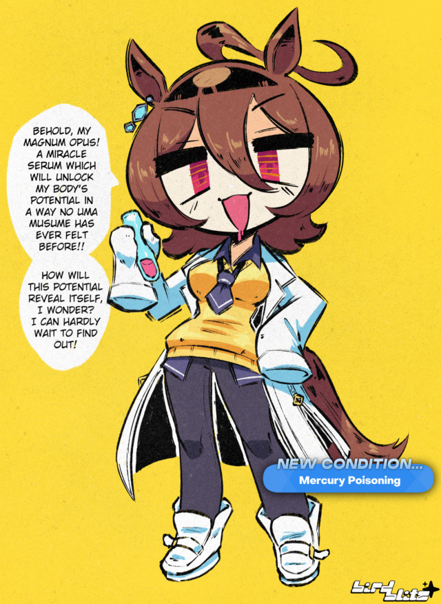 birdblitz, agnes tachyon (umamusume), umamusume, 1girl, holding, holding test tube, lab coat, mercury (element), necktie, test tube