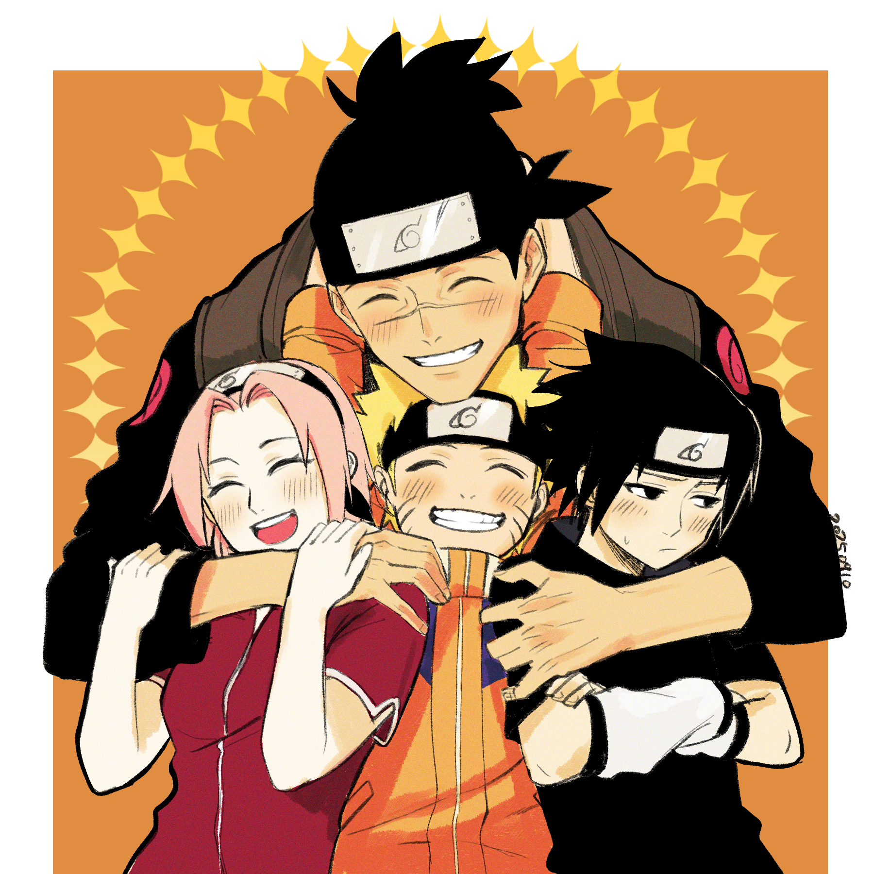 mosasaursun, haruno sakura, uchiha sasuke, umino iruka, uzumaki naruto, naruto (classic), naruto (series), highres, 1girl, 3boys, black eyes, black hair, black shirt, blonde hair, crossed arms, dated, dress, facial mark, forehead protector, hug, jacket, konohagakure symbol, long sleeves, multiple boys, orange jacket, pink hair, red dress, scar, scar on face, shirt, short sleeves, smile, sweatdrop, teacher and student, teeth, upper body, whisker markings