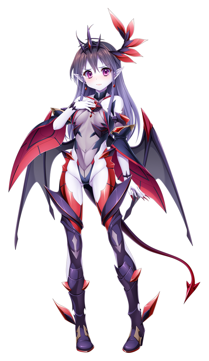 kamitsurugi ouka, aikawa haruno, kouyoku senki exs-tia concert, game cg, highres, non-web source, official art, variant set, 1girl, bare shoulders, black hair, black tiara, blush, boots, breasts, colored skin, corruption, covered navel, dark exs-tia inferno, dark persona, demon girl, demon horns, demon tail, demon wings, detached sleeves, earrings, feathers, full body, gluteal fold, hair ornament, hand on own chest, highleg, highleg leotard, horns, jewelry, leotard, light frown, long hair, looking at viewer, medium breasts, nail polish, navel, pale skin, pointy ears, purple eyes, purple hair, single horn, solo, standing, tail, thigh boots, thighhighs, tiara, transparent background, wings