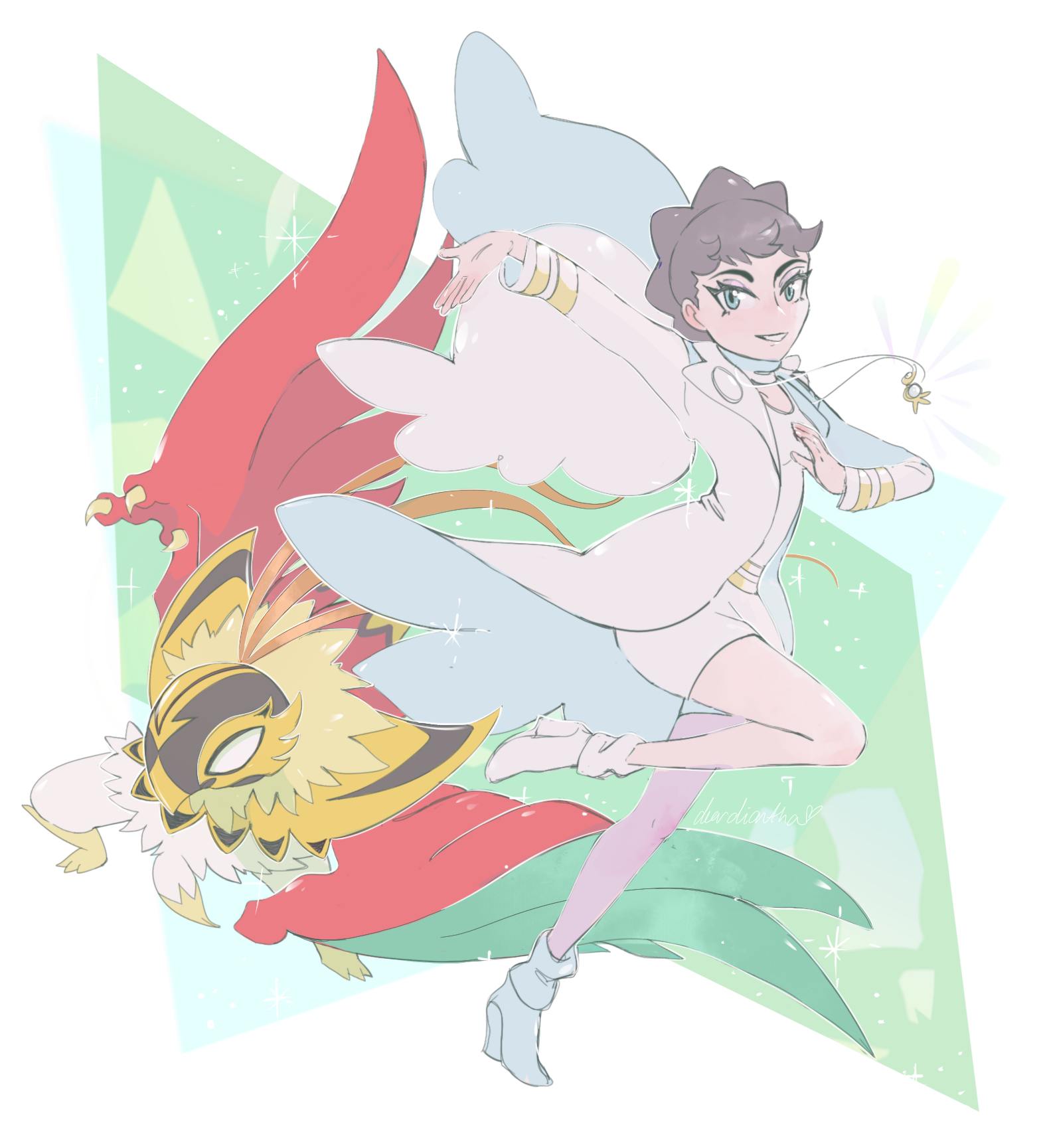 deardiantha, diantha (pokemon), hawlucha, mega hawlucha, nintendo, pokemon, pokemon xy, commentary, english commentary, highres, 1girl, aqua eyes, artist name, brown hair, claws, eyelashes, full body, gen 6 pokemon, jacket, jewelry, long sleeves, mega pokemon, necklace, outstretched arm, pokemon (creature), shirt, shoes, short hair, shorts, signature, smile, sparkle, very short hair, white jacket, white shirt, white shoes, white shorts