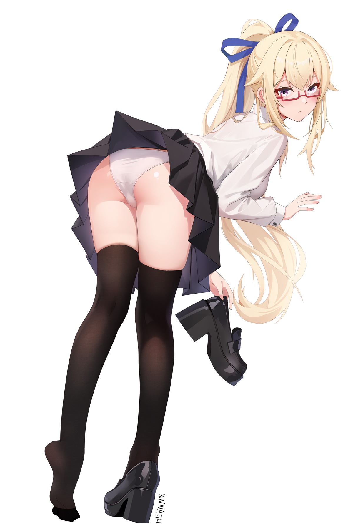 xnnagu, acasta (warship girls r), warship girls r, chinese commentary, commentary request, highres, 1girl, alternate costume, ass, bent over, black shoes, black skirt, black thighhighs, blonde hair, blue eyes, blue ribbon, breasts, collared shirt, feet, foot focus, full body, glasses, high heels, holding, holding shoes, holding unworn clothes, loafers, long hair, long sleeves, looking at viewer, looking back, panties, pleated skirt, ponytail, red-framed eyewear, ribbon, semi-rimless eyewear, shirt, shoes, signature, simple background, skindentation, skirt, small breasts, soles, solo, standing, thighhighs, thighs, toes, underwear, unworn shoes, upskirt, white background, white panties, white shirt, zettai ryouiki