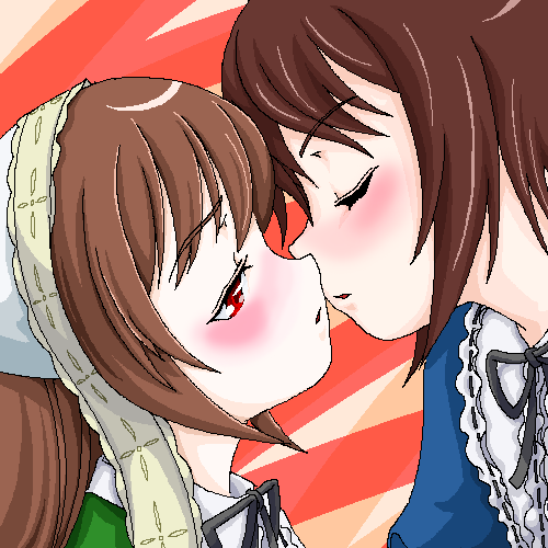 sonota oozei, souseiseki, suiseiseki, rozen maiden, lowres, 00s, 2girls, blush, brown hair, closed eyes, couple, female focus, headscarf, imminent kiss, incest, multiple girls, oekaki, siblings, sisters, twincest, twins, white headscarf, yuri