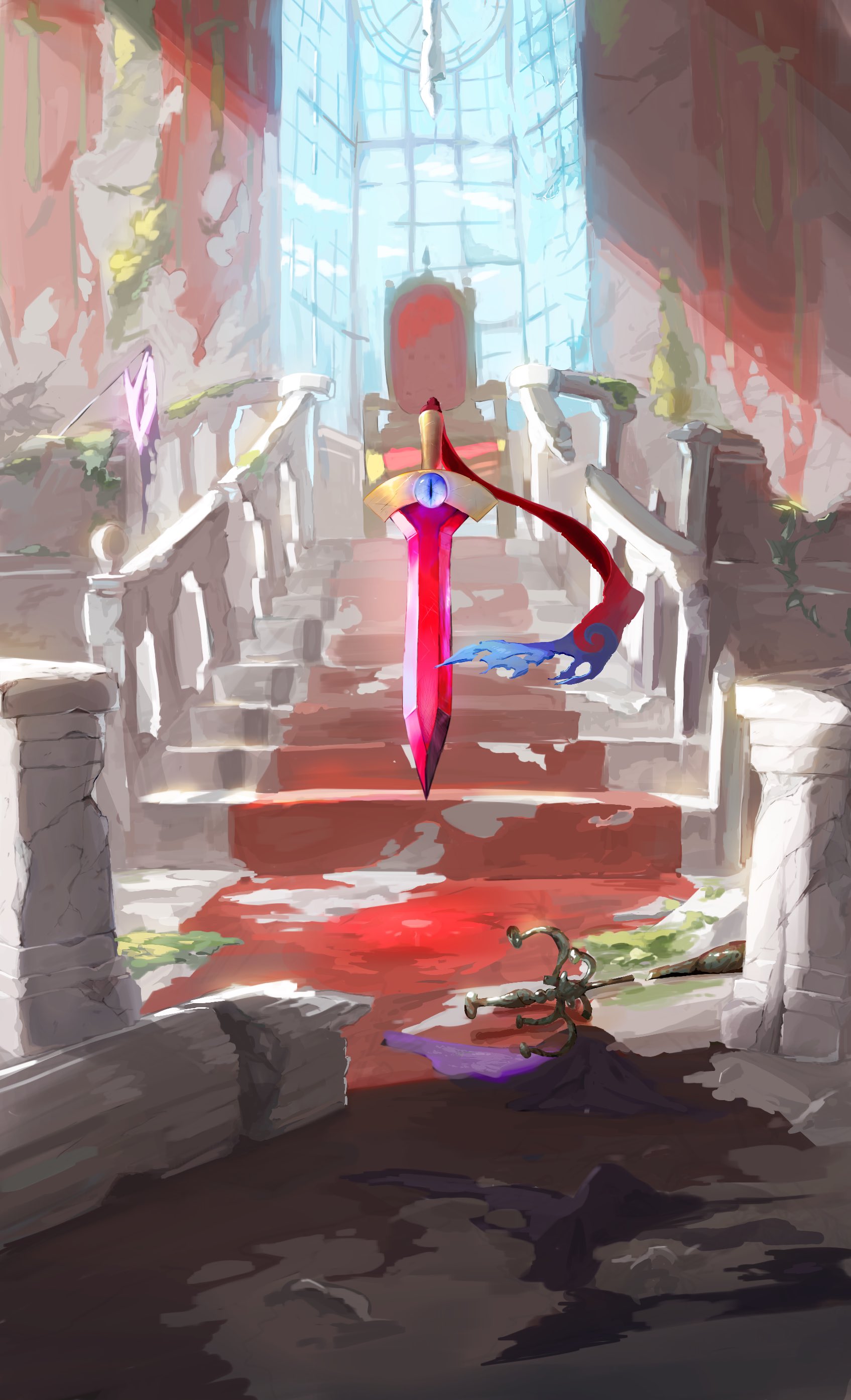 hakumogera, honedge, nintendo, pokemon, absurdres, commentary request, highres, alternate color, animate object, blue sky, cloud, day, floating, full body, gen 6 pokemon, indoors, no humans, one-eyed, pokemon (creature), pokemon focus, railing, ruins, shiny pokemon, sky, slit pupils, solo, stairs, straight-on, sword, throne, weapon, window