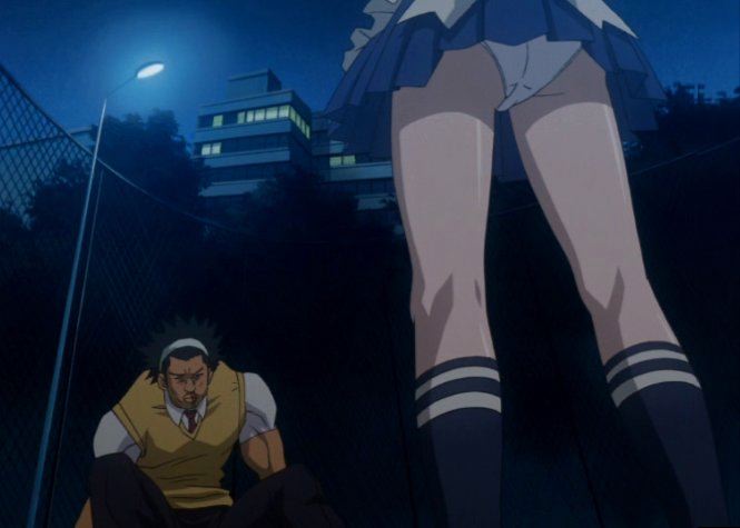 gakushuu, ryomou shimei, ikkitousen, black legwear, anime screenshot, stitched, third-party edit, 00s, 1boy, 1girl, ass, blue skirt, from below, hairband, legs, lower body, necktie, night, night sky, outdoors, panties, pantyshot, pleated skirt, red necktie, school uniform, shirt, skirt, sky, socks, standing, underwear, upskirt, white hairband, white panties, white shirt
