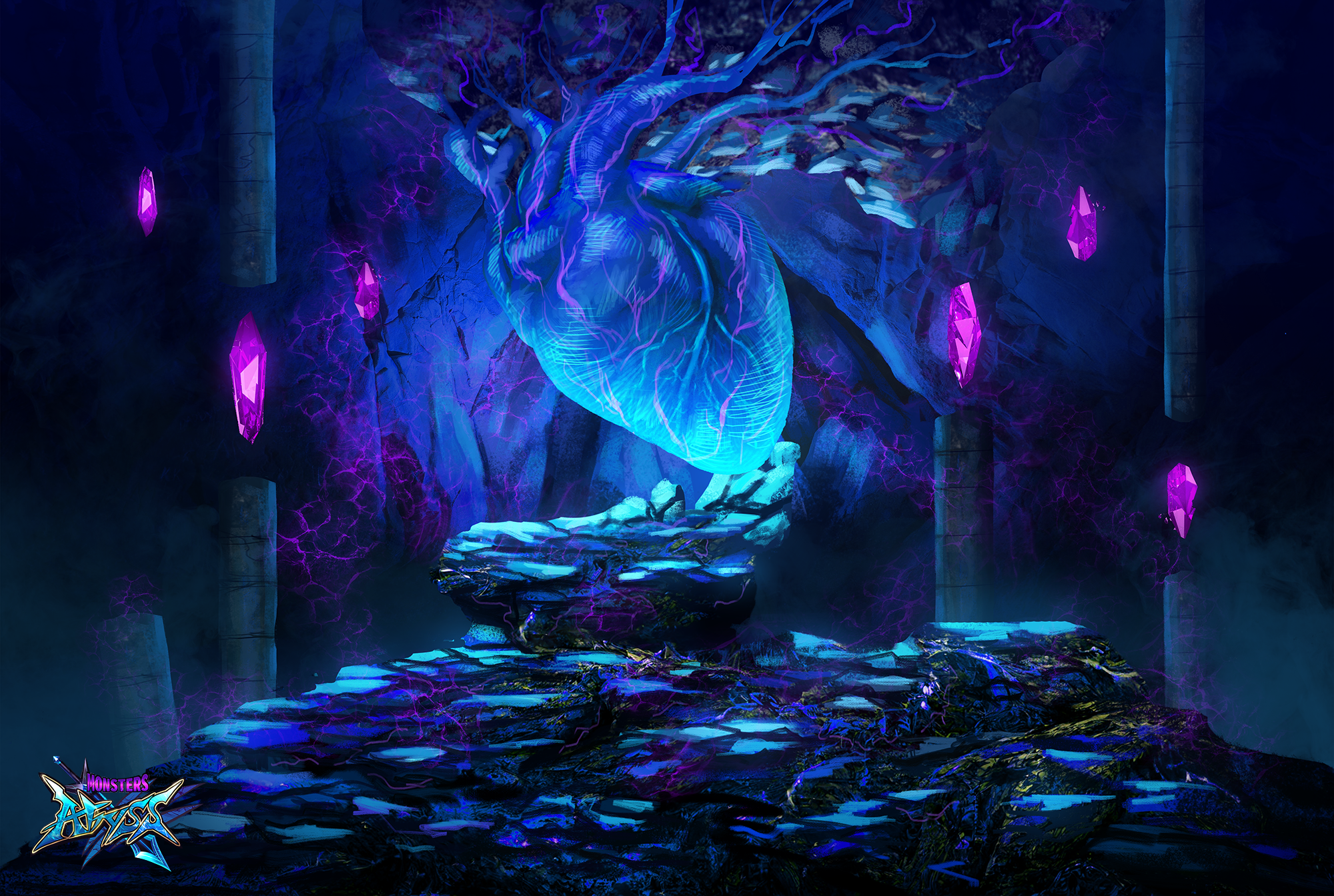 hoshimiya aki, monsters abyss, commentary request, highres, official art, cave, copyright name, crystal, heart (organ), no humans, pillar, scenery