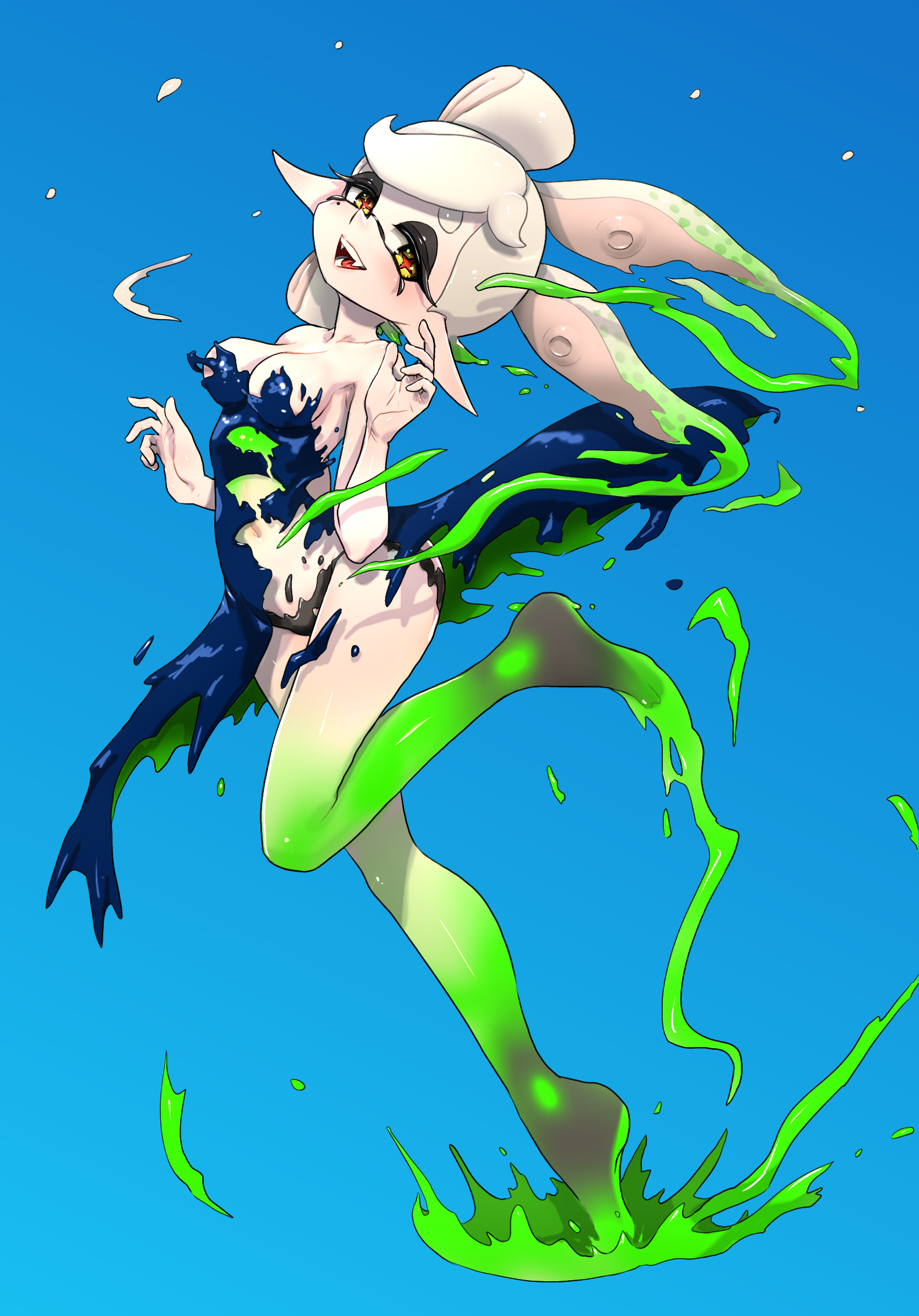 koharu2.5, marie (splatoon), nintendo, splatoon (series), highres, 1girl, black panties, blue background, blue dress, bow-shaped hair, breasts, cross-shaped pupils, dissolving clothes, dress, full body, gradient hair, green hair, hands up, long hair, looking at viewer, looking to the side, medium breasts, melting, multicolored hair, navel, open mouth, orange pupils, panties, pointy ears, smile, solo, splashing, standing, standing on one leg, symbol-shaped pupils, underwear, w, white hair, yellow eyes