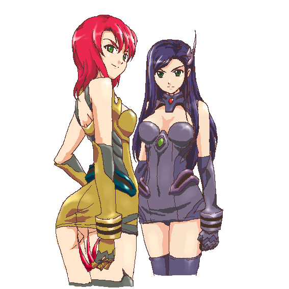 fujimoto satoru, juliet nao zhang, natsuki kruger, my-hime, my-otome, 00s, 2girls, arm guards, ass, bare shoulders, black dress, black gloves, blue eyes, blue hair, cropped legs, dress, elbow gloves, expressionless, gloves, green dress, green gloves, hand on own hip, long hair, looking at viewer, multiple girls, oekaki, red hair, short hair, simple background, thighhighs, thighs, white background, zettai ryouiki