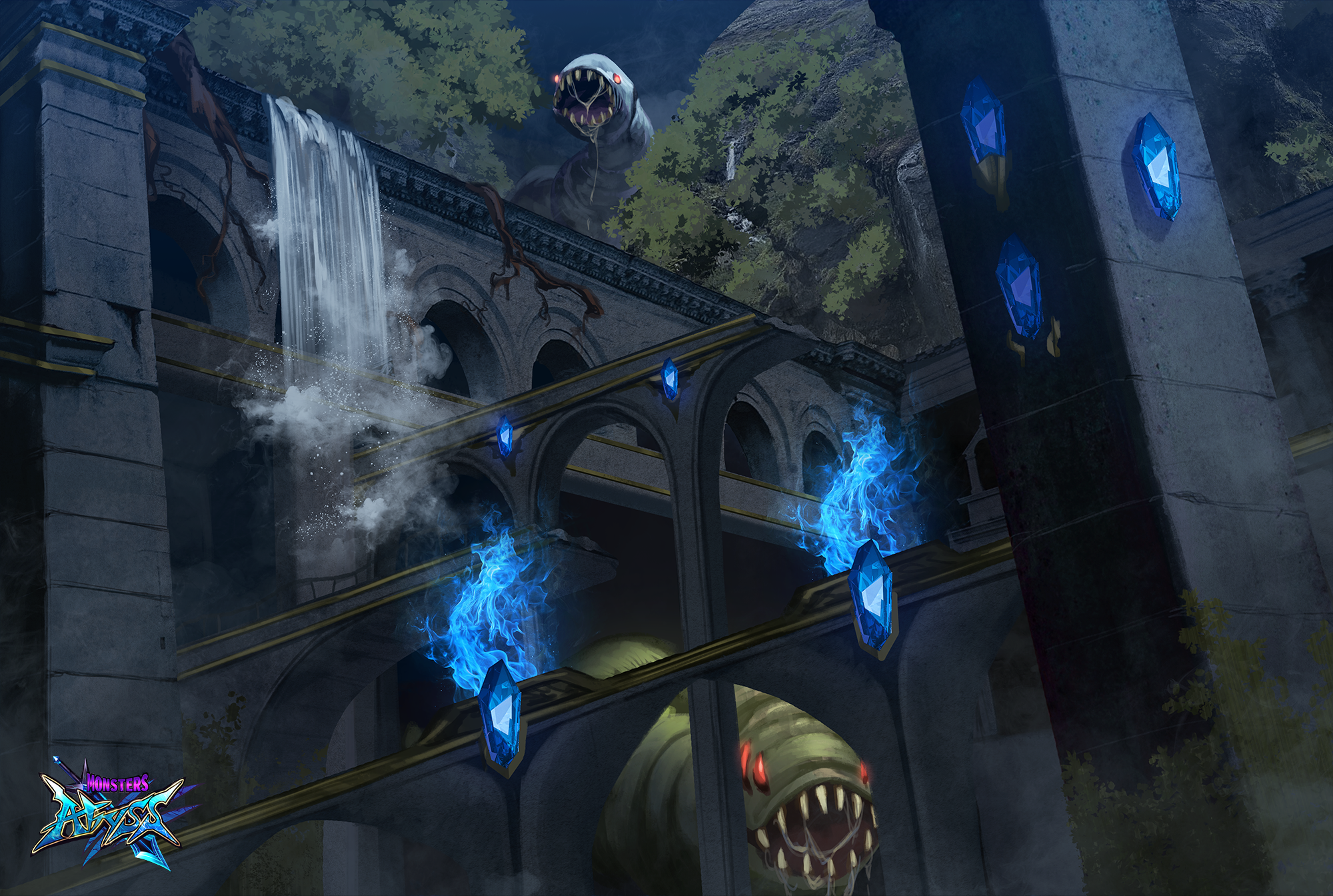 hoshimiya aki, monsters abyss, commentary request, highres, official art, crystal, monster, no humans, outdoors, red eyes, saliva, scenery, sharp teeth, teeth, tree, water, waterfall