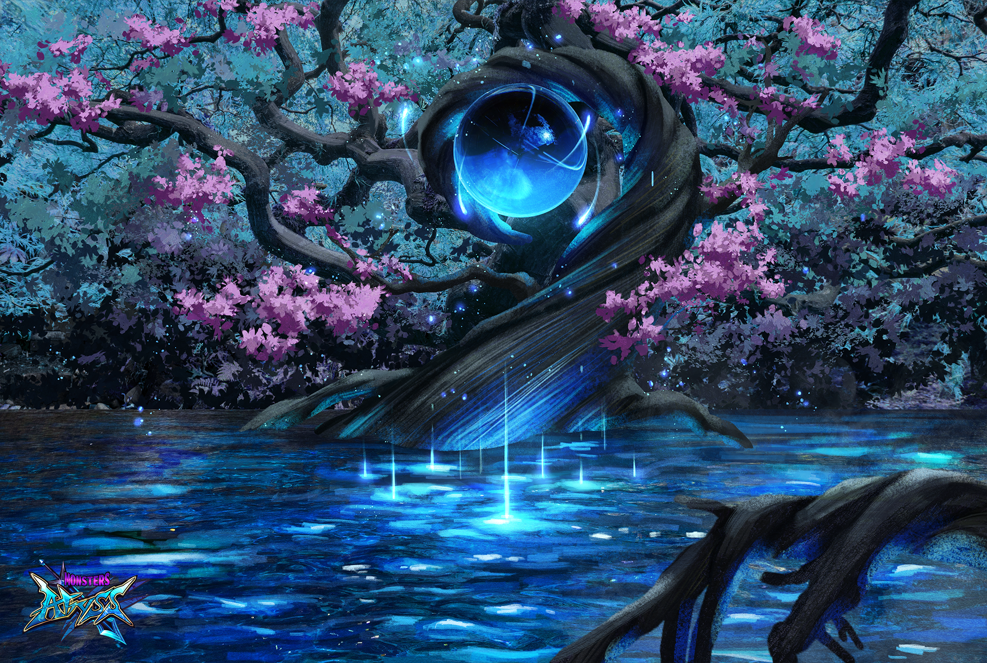 hoshimiya aki, monsters abyss, commentary request, highres, official art, day, flower, no humans, orb, outdoors, pink flower, scenery, tree, water