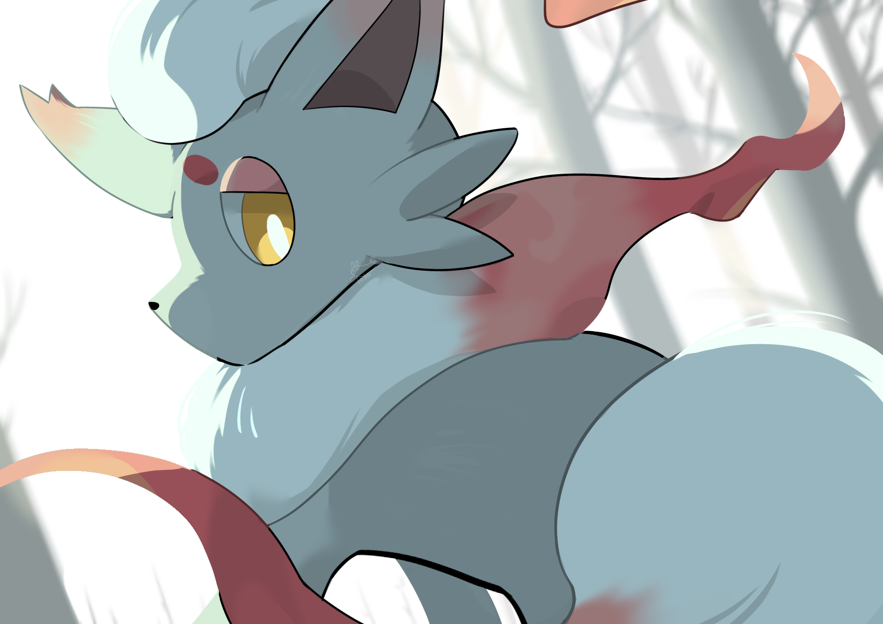 hisuian zorua, nintendo, pokemon, commentary request, highres, bare tree, bright pupils, day, looking at viewer, looking back, no humans, outdoors, pokemon (creature), pokemon focus, solo, toba16ks, tree, white pupils, yellow eyes