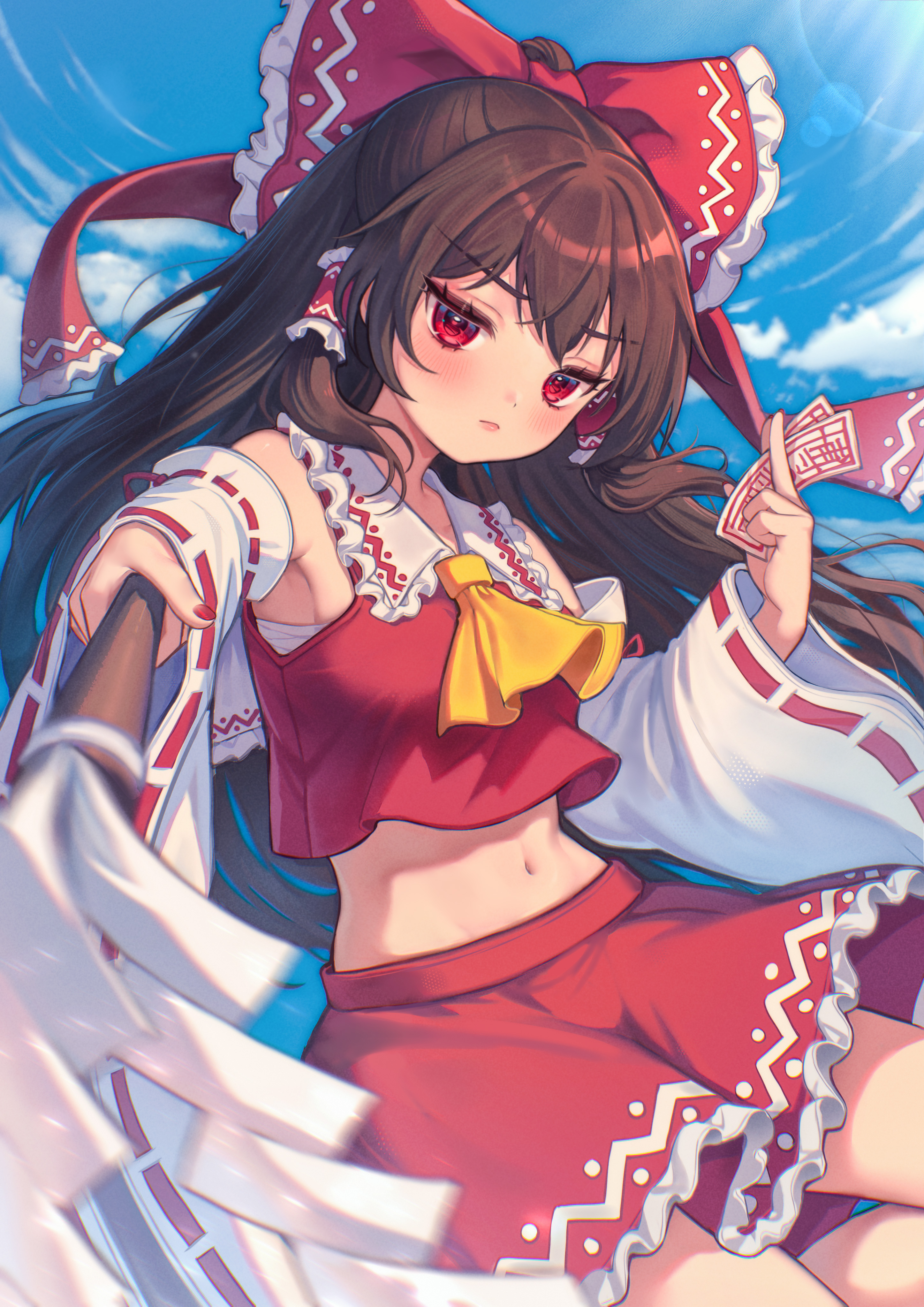 qiu ju, hakurei reimu, touhou, absurdres, commentary, highres, 1girl, ascot, between fingers, blue sky, blush, bow, brown hair, closed mouth, cloud, day, detached sleeves, frilled bow, frilled hair tubes, frilled skirt, frills, gohei, hair bow, hair tubes, holding, holding gohei, long hair, looking at viewer, midriff, navel, ofuda, ofuda between fingers, red bow, red eyes, red skirt, ribbon-trimmed sleeves, ribbon trim, skirt, skirt set, sky, solo, yellow ascot