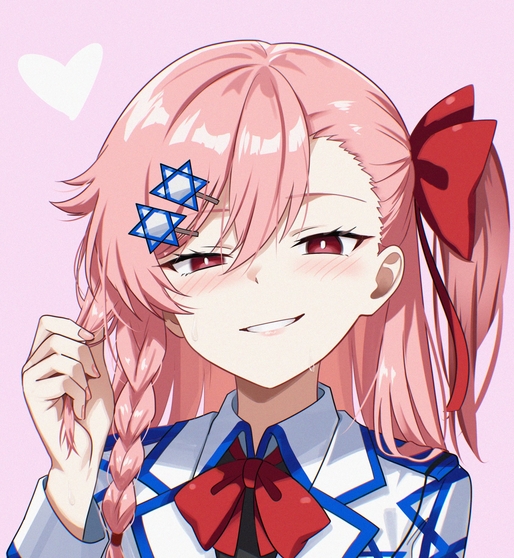 danraz0r, negev (girls' frontline), girls' frontline, commentary, highres, 1girl, asymmetrical bangs, black shirt, blush, bow, bowtie, braid, bright pupils, collared dress, dress, hair between eyes, hair bow, hair ornament, hairclip, heart, hexagram, long hair, long sleeves, looking at viewer, one side up, parted lips, pink background, pink hair, playing with own hair, portrait, red bow, red bowtie, red eyes, shirt, side braid, simple background, smile, solo, star (symbol), star hair ornament, star of david, sweat, undershirt, white dress, white pupils