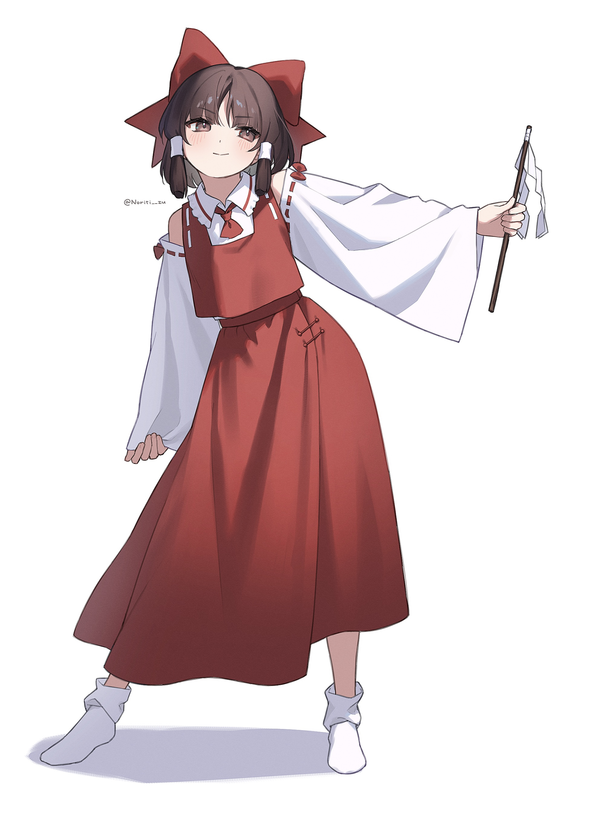 norichiizu, hakurei reimu, embodiment of scarlet devil, touhou, absurdres, commentary request, highres, 1girl, ascot, blush, bow, brown eyes, brown hair, closed mouth, collared shirt, detached sleeves, full body, gohei, hair bow, hair tubes, hand up, holding, holding gohei, long skirt, long sleeves, medium hair, outstretched arm, red ascot, red bow, red shirt, red skirt, ribbon-trimmed sleeves, ribbon trim, shirt, simple background, skirt, skirt set, sleeveless, sleeveless shirt, smile, socks, solo, standing, twitter username, white background, white sleeves, white socks, wide sleeves
